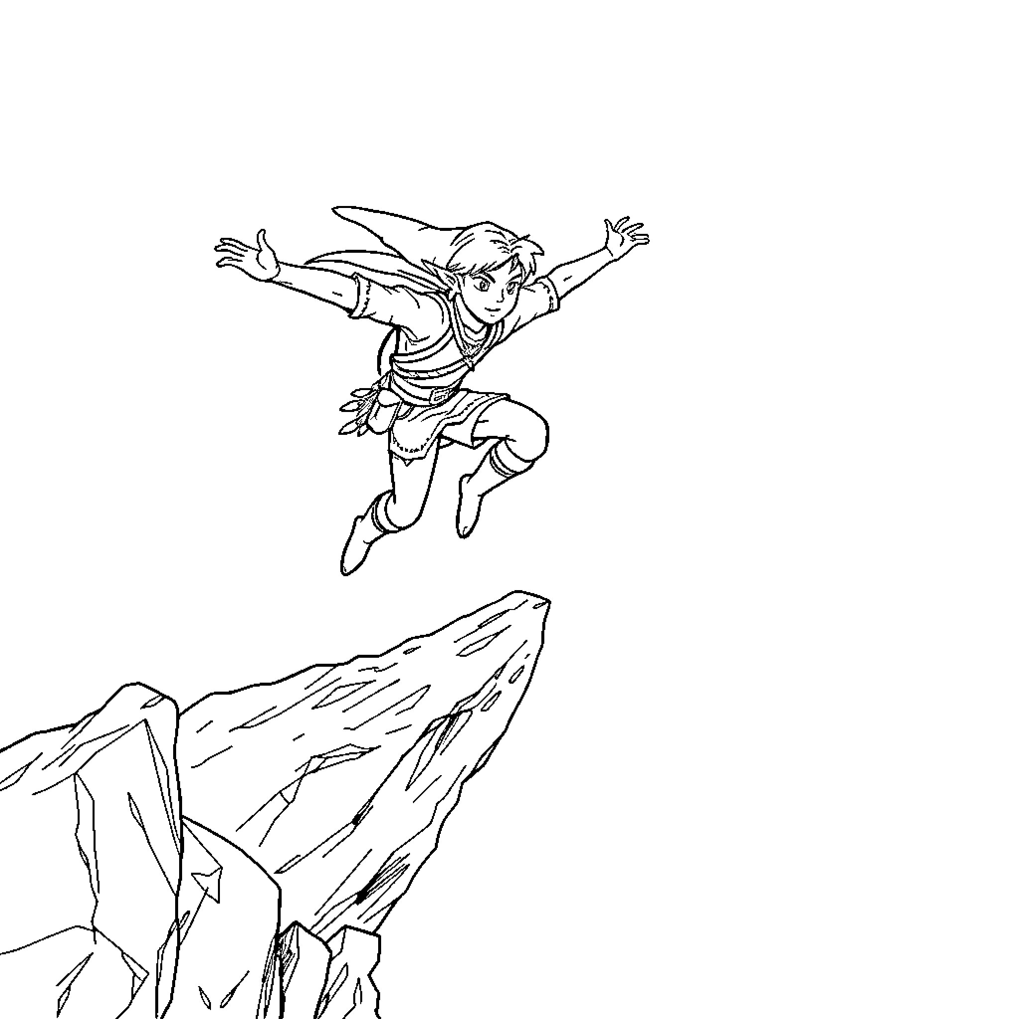 Link leaping heroically over mountain cliffs Coloring Page (free black-and-white line drawing printable PDF for all, from beginners to advanced learners, including children, teens, adults, and seniors)