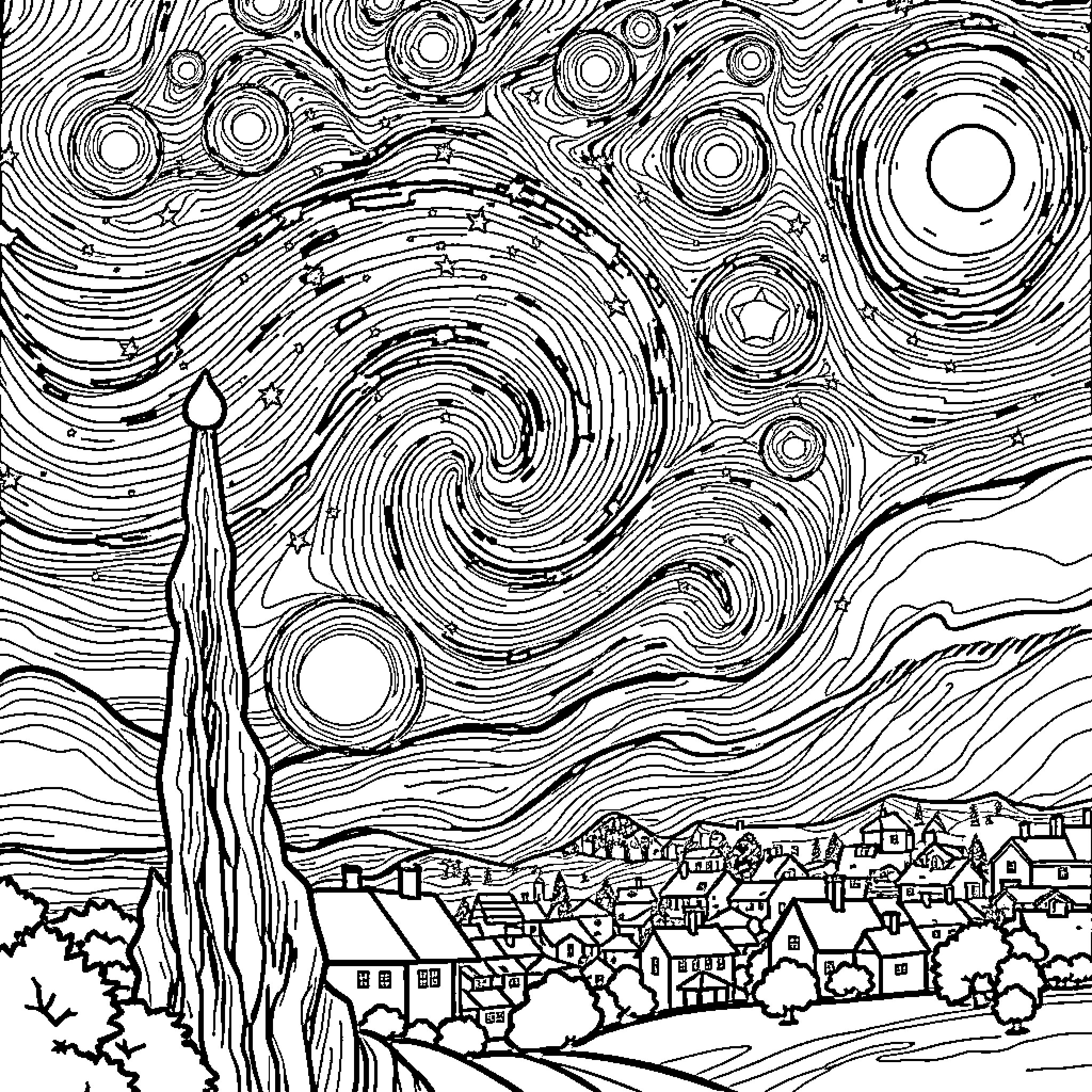 Star-Filled Night Sky over Quaint Village Coloring Page (free black-and-white line drawing printable PDF for all, from beginners to advanced learners, including children, teens, adults, and seniors)
