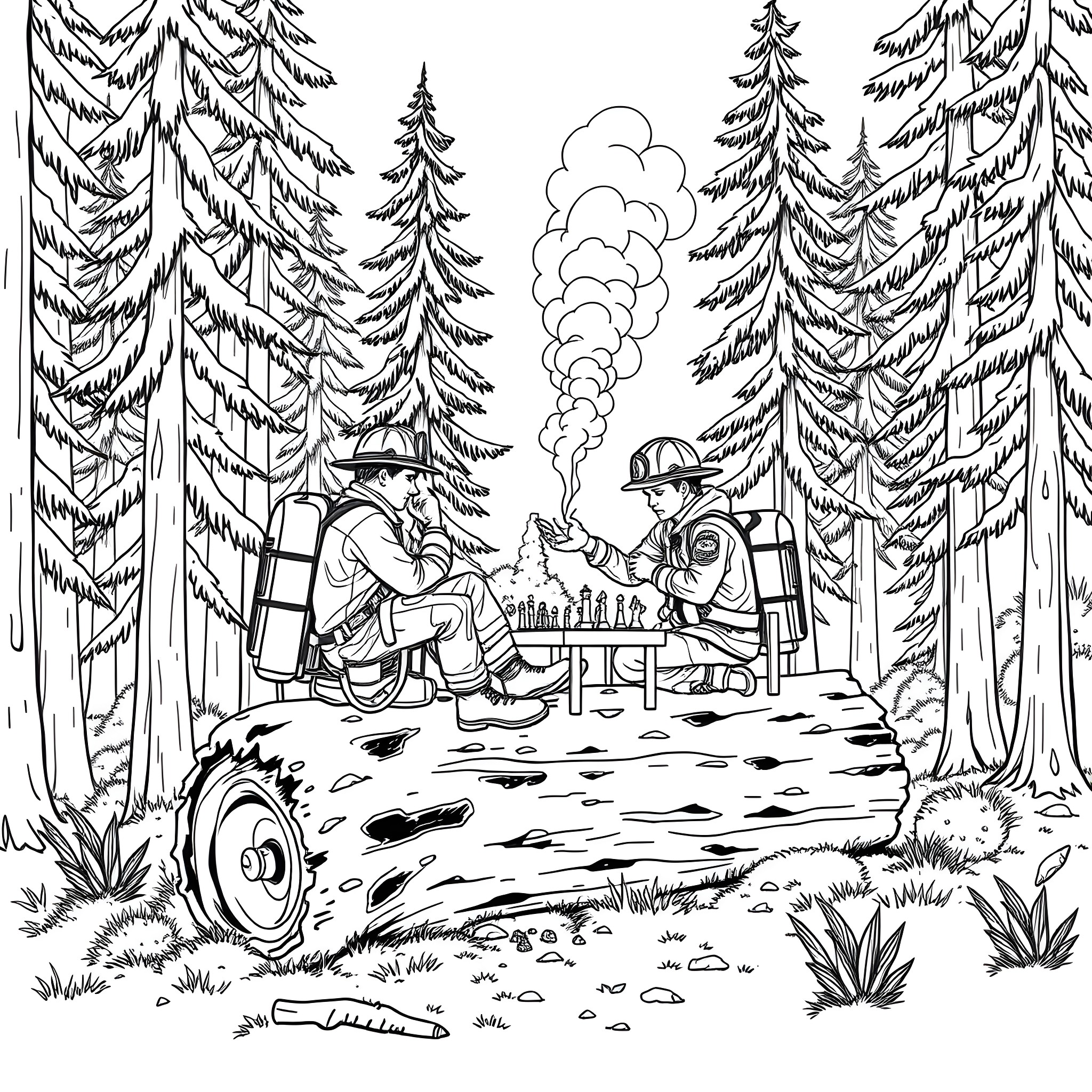 Firefighters resting in the forest after a call Coloring Page (free black-and-white line drawing printable PDF for all, from beginners to advanced learners, including children, teens, adults, and seniors)