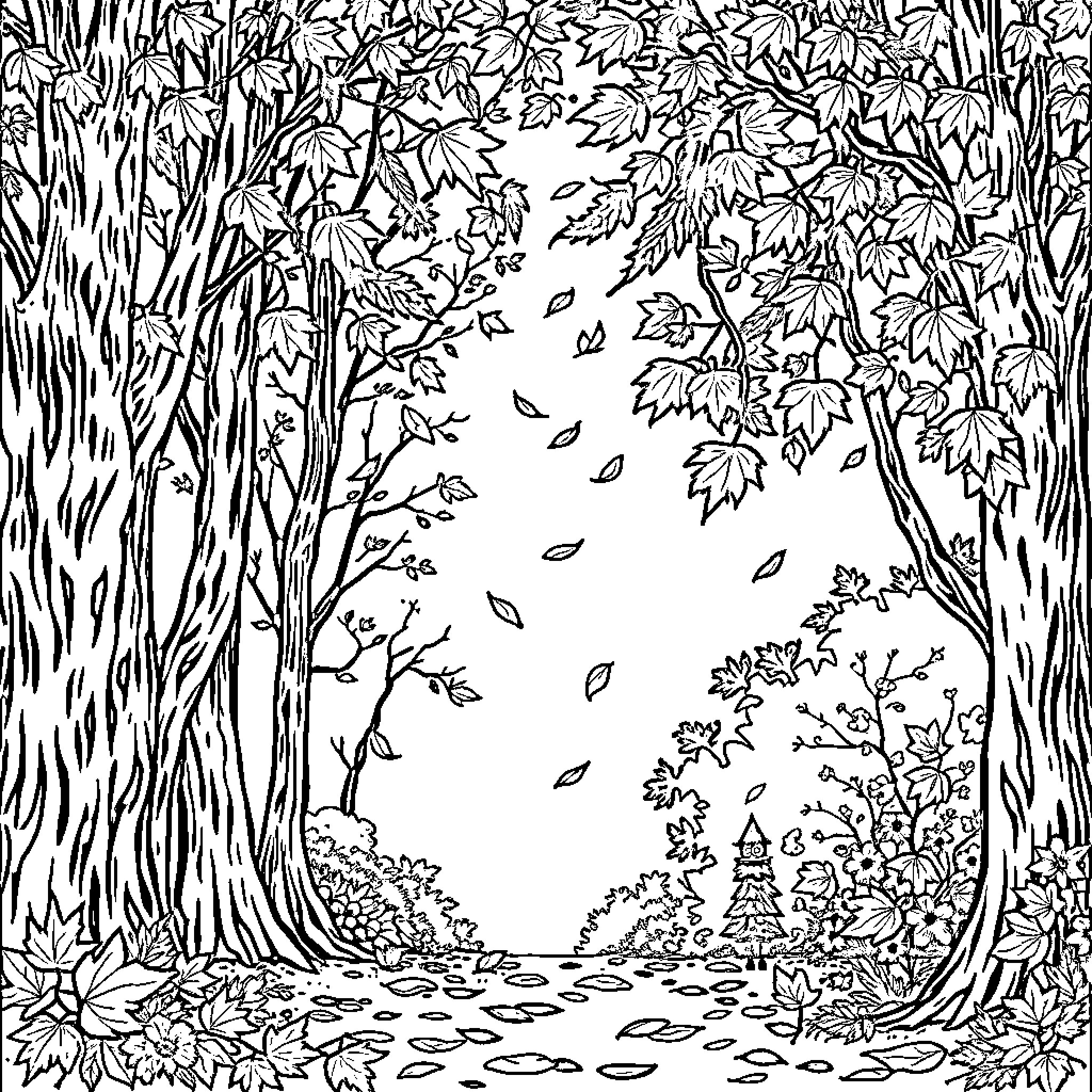 Leaf-Strewn Forest Path Coloring Page (free black-and-white line drawing printable PDF for all, from beginners to advanced learners, including children, teens, adults, and seniors)