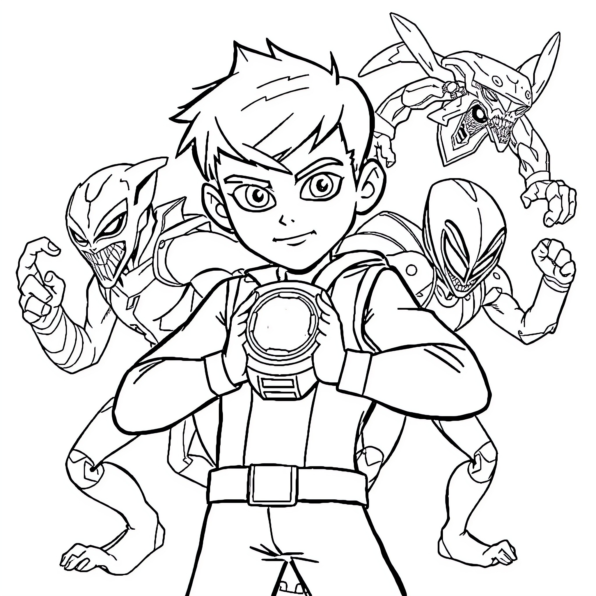 Ben 10 in action with alien creatures Coloring Page (free black-and-white line drawing printable PDF for all, from beginners to advanced learners, including children, teens, adults, and seniors)