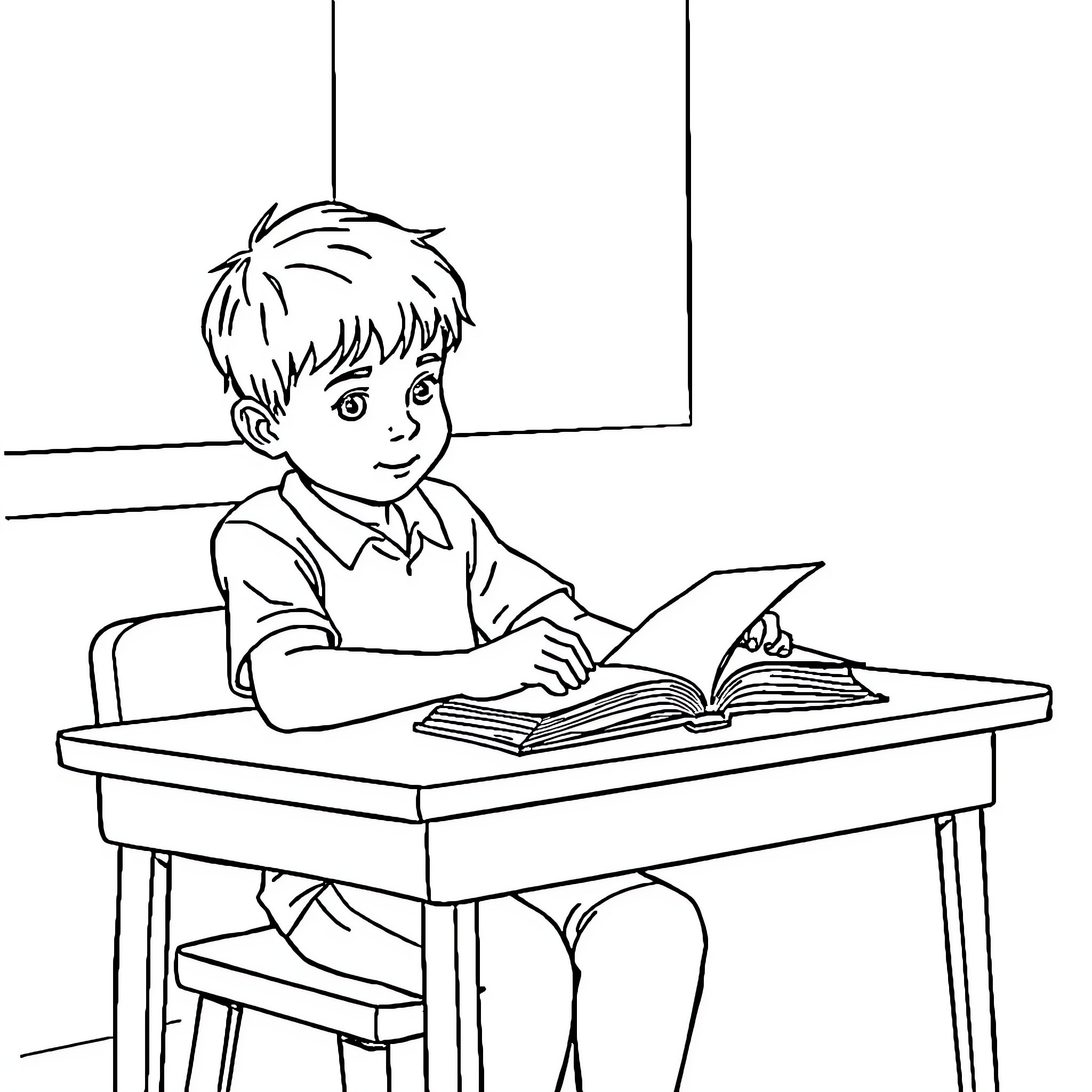 Boy studying diligently at desk in classroom Coloring Page (free black-and-white line drawing printable PDF for all, from beginners to advanced learners, including children, teens, adults, and seniors)