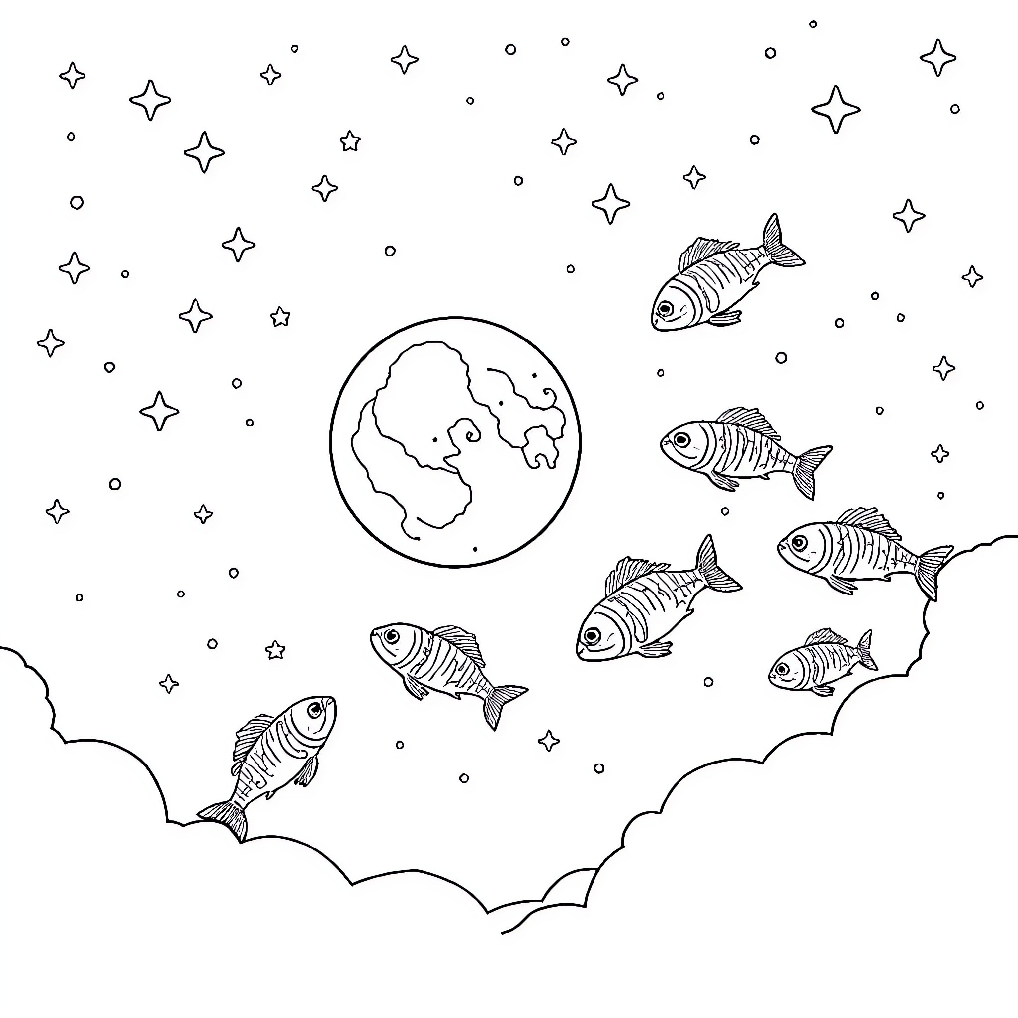 Moon and fishes swimming in the night sky Coloring Page (free black-and-white line drawing printable PDF for all, from beginners to advanced learners, including children, teens, adults, and seniors)