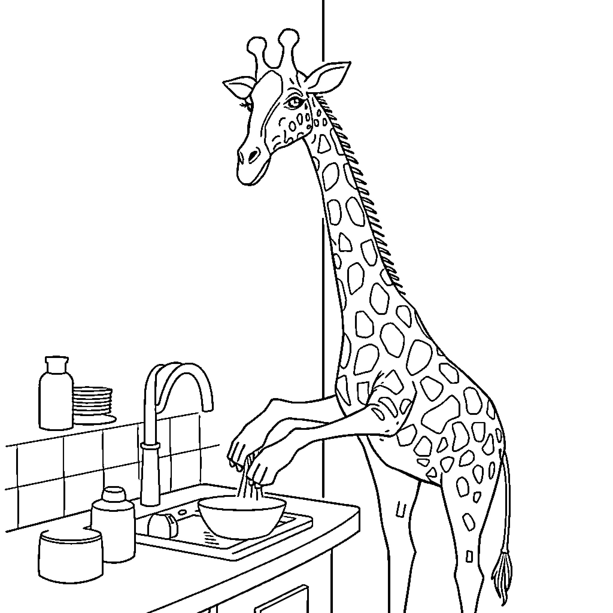 Giraffe Reaching for Items in the Kitchen Coloring Page (free black-and-white line drawing printable PDF for all, from beginners to advanced learners, including children, teens, adults, and seniors)