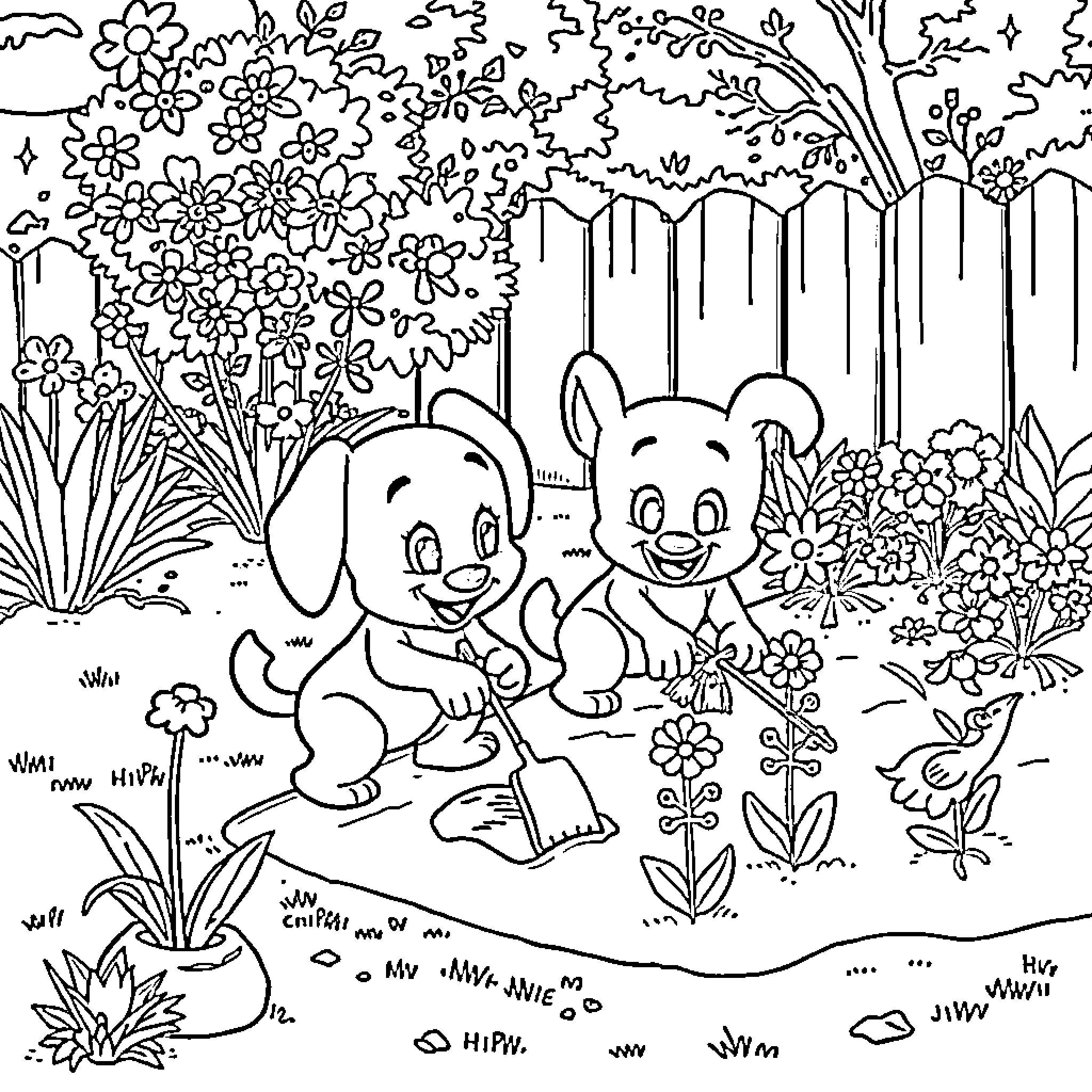 Bluey's Delightful Flower Garden Adventure Coloring Page (free black-and-white line drawing printable PDF for all, from beginners to advanced learners, including children, teens, adults, and seniors)