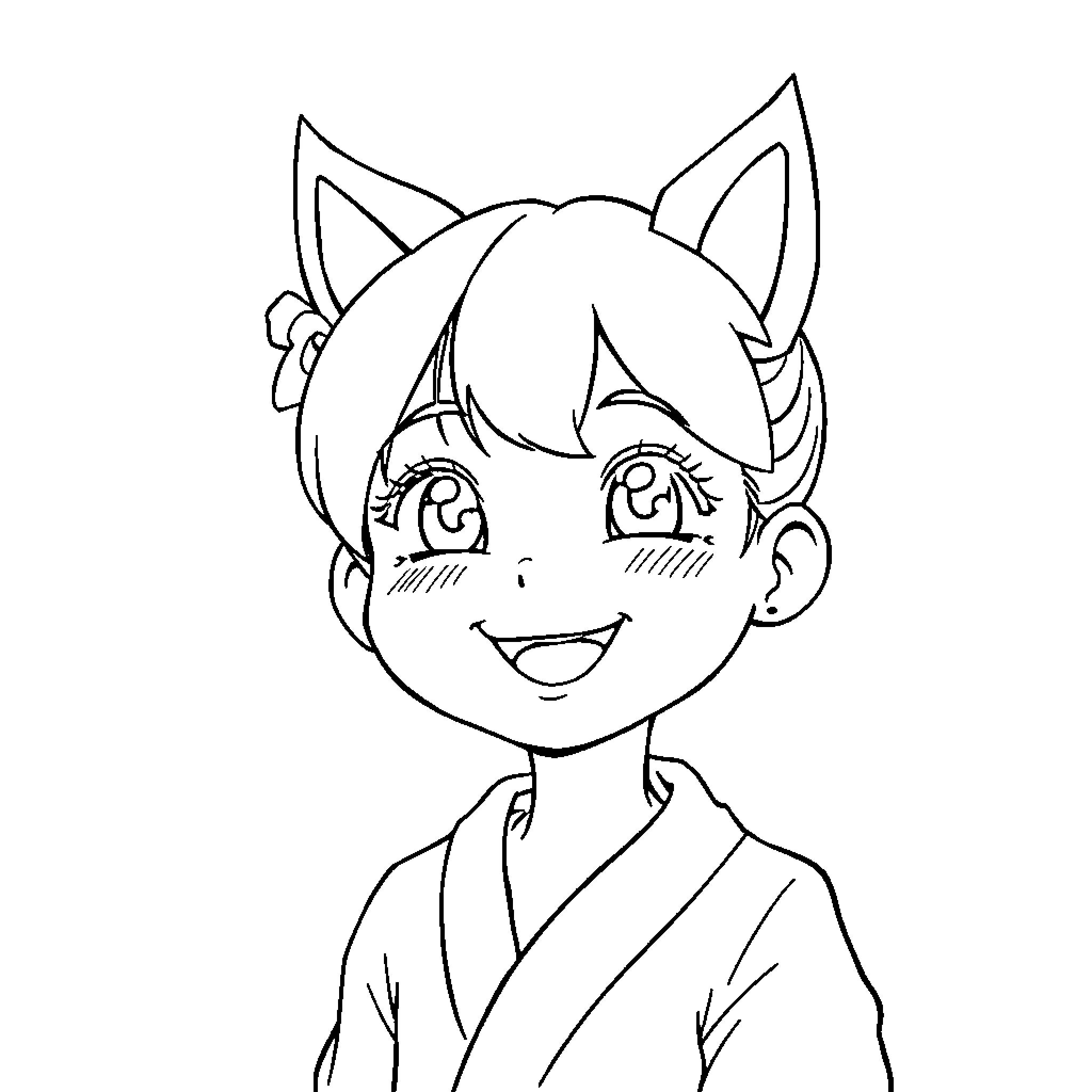 Fille in Anime-Style Outfit with Cat Ears Coloring Page (free black-and-white line drawing printable PDF for all, from beginners to advanced learners, including children, teens, adults, and seniors)