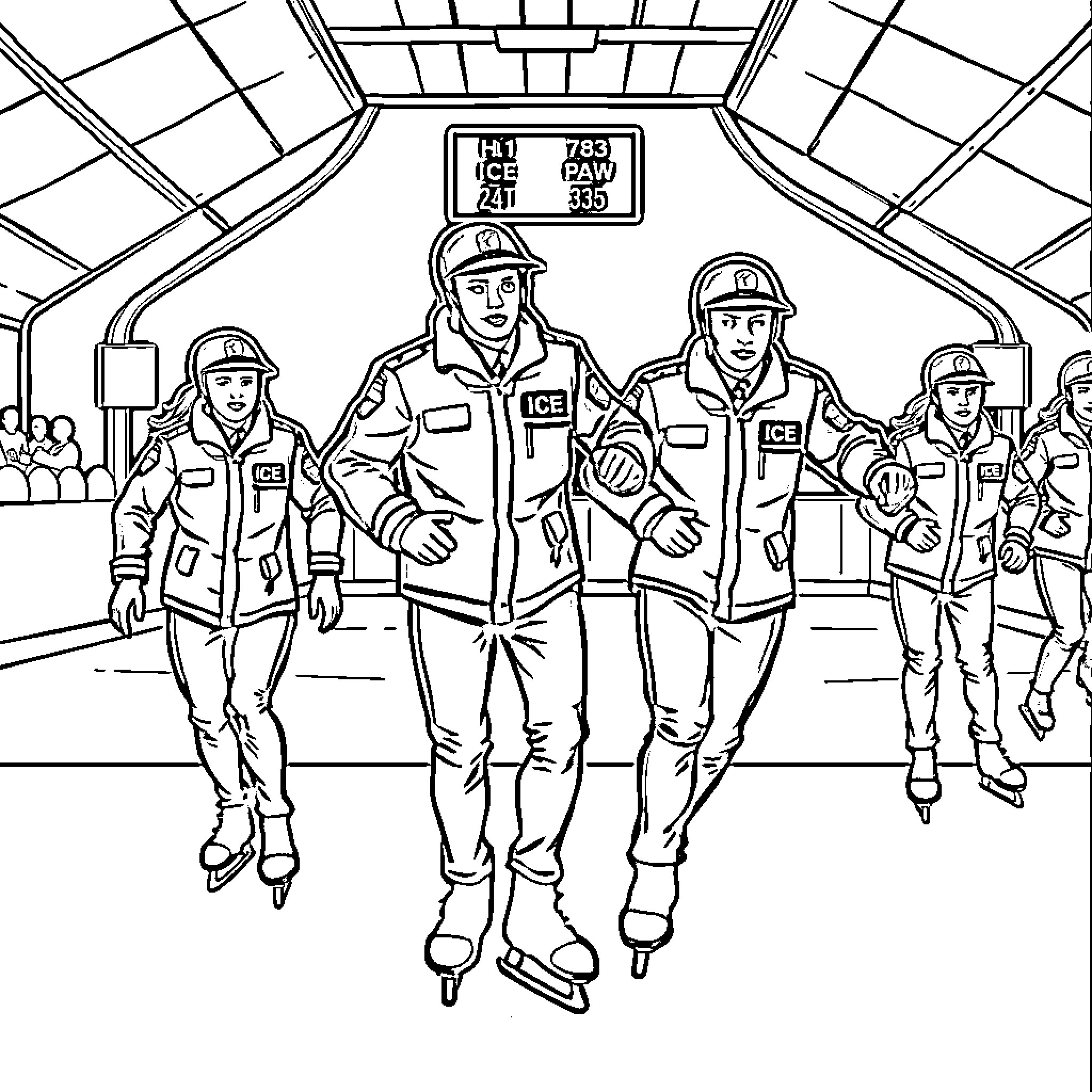 Ice Agents Patrolling the Icy Terrain Coloring Page (free black-and-white line drawing printable PDF for all, from beginners to advanced learners, including children, teens, adults, and seniors)