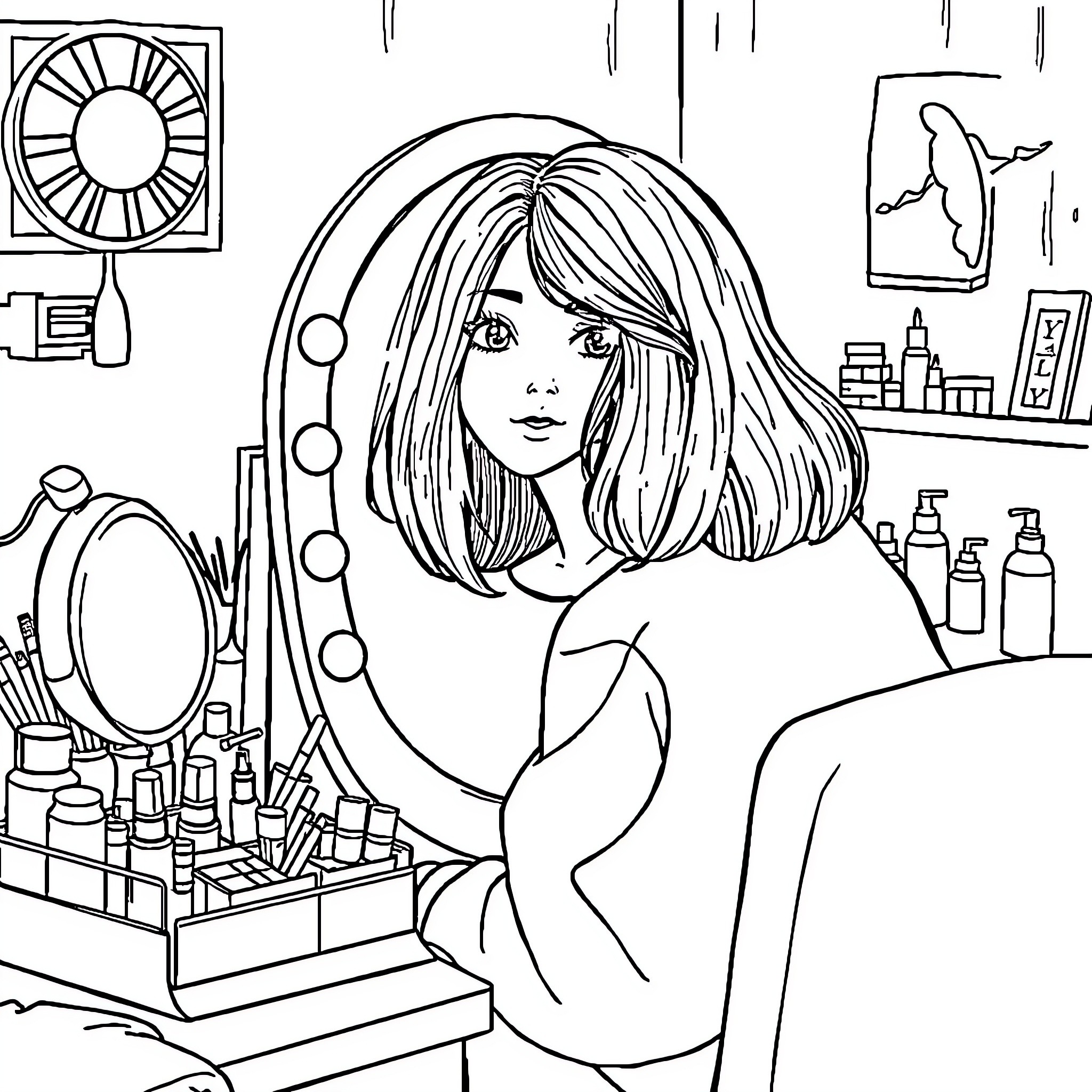 Girl sitting at a vanity mirror Coloring Page (free black-and-white line drawing printable PDF for all, from beginners to advanced learners, including children, teens, adults, and seniors)