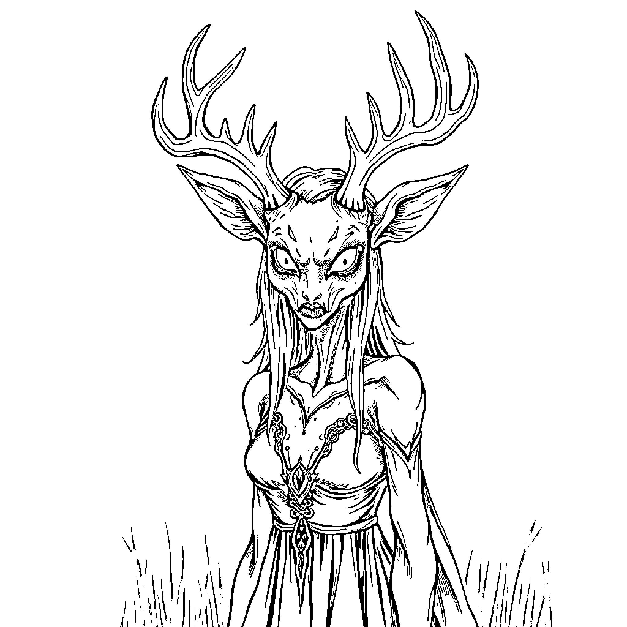 Deer spirit with intricate antlers and dress Coloring Page (free black-and-white line drawing printable PDF for all, from beginners to advanced learners, including children, teens, adults, and seniors)