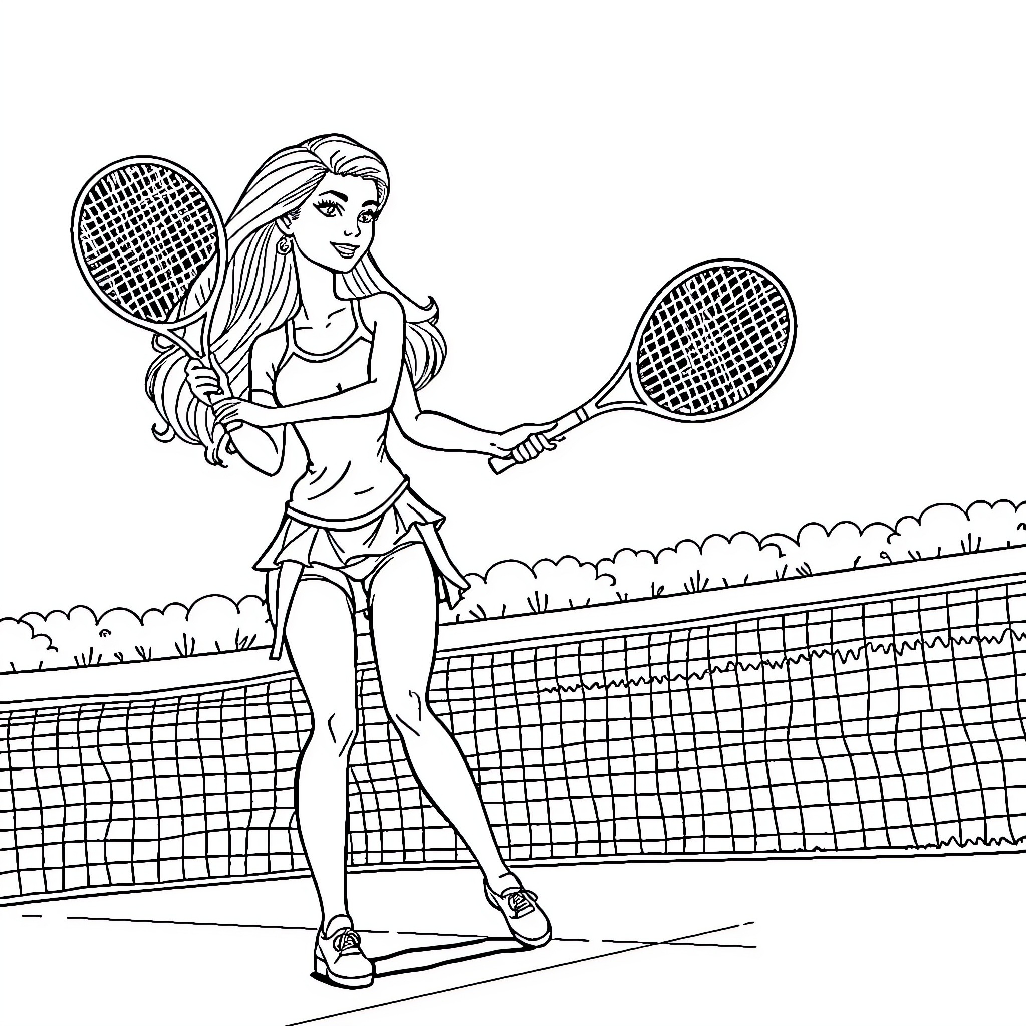 Barbie playing tennis on the court Coloring Page (free black-and-white line drawing printable PDF for all, from beginners to advanced learners, including children, teens, adults, and seniors)
