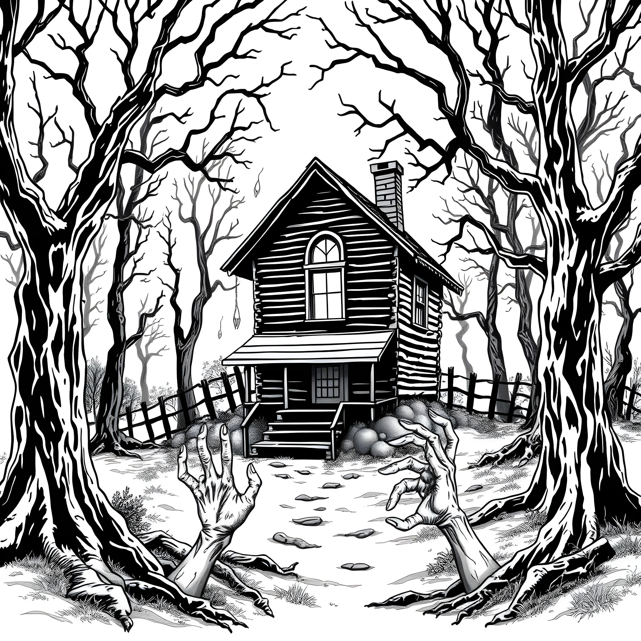 Evil Dead: Haunting Cabin in the Haunted Woods Coloring Page (free black-and-white line drawing printable PDF for all, from beginners to advanced learners, including children, teens, adults, and seniors)