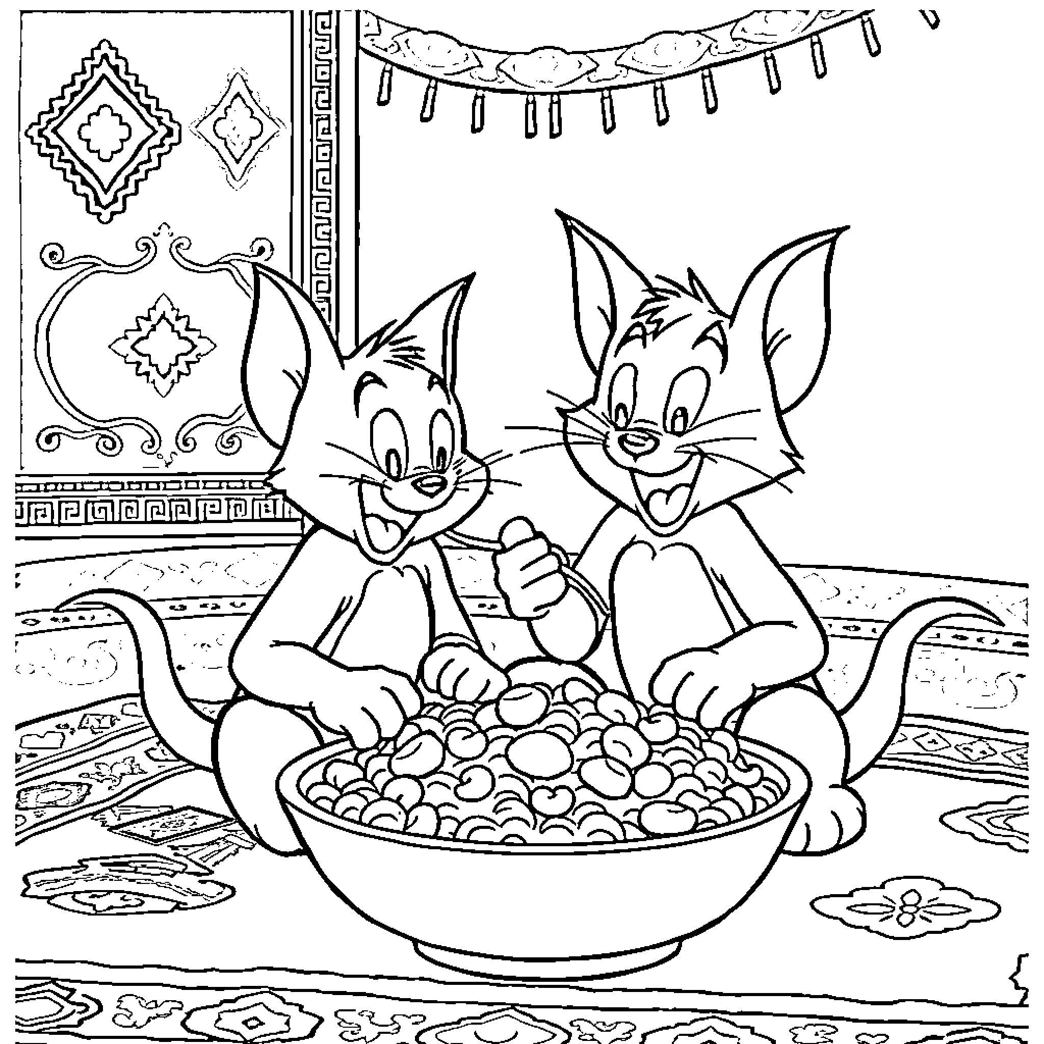 Tom and Jerry enjoying a snack together Coloring Page (free black-and-white line drawing printable PDF for all, from beginners to advanced learners, including children, teens, adults, and seniors)