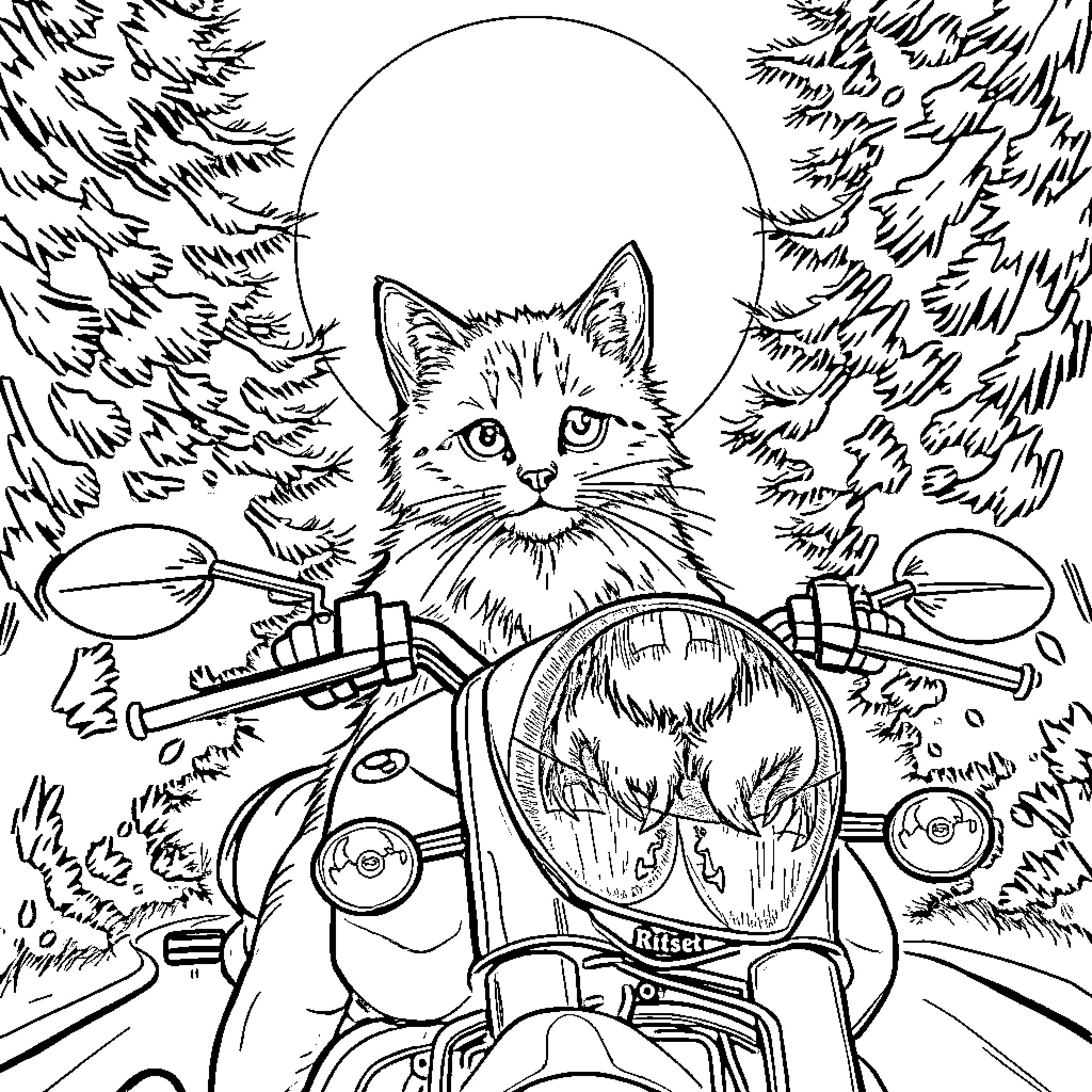Gato riding motorcycle through forest Coloring Page (free black-and-white line drawing printable PDF for all, from beginners to advanced learners, including children, teens, adults, and seniors)