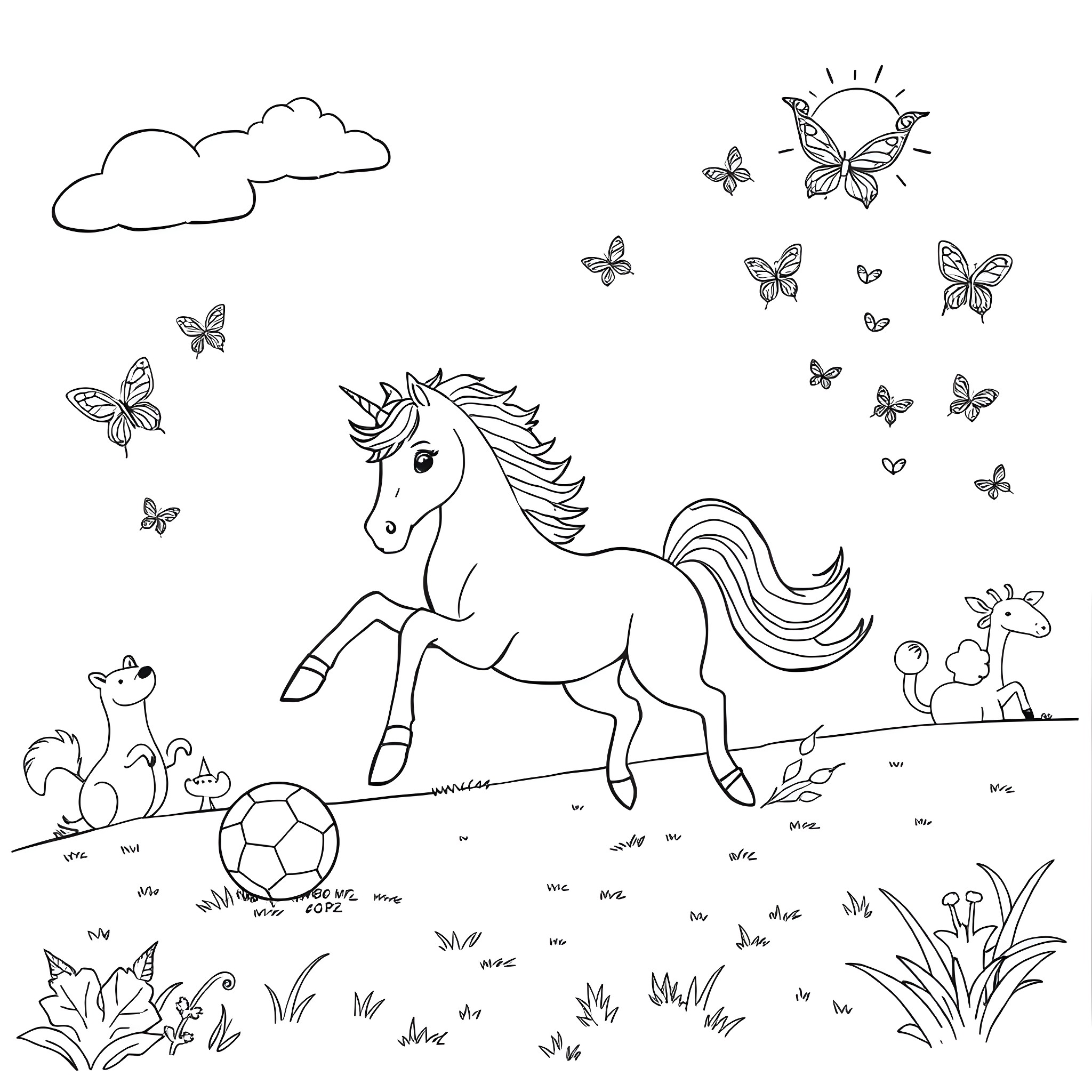 Unicorn playing joyfully with butterflies in the meadow Coloring Page (free black-and-white line drawing printable PDF for all, from beginners to advanced learners, including children, teens, adults, and seniors)