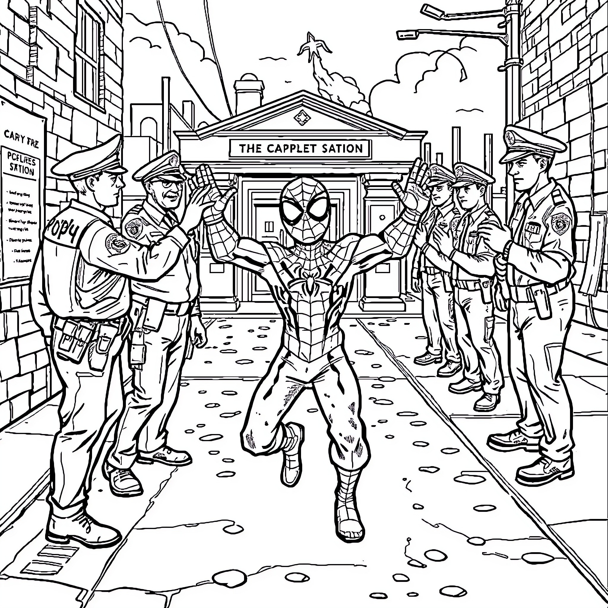 Spiderman confronting the authorities at the Casplet Station Coloring Page (free black-and-white line drawing printable PDF for all, from beginners to advanced learners, including children, teens, adults, and seniors)