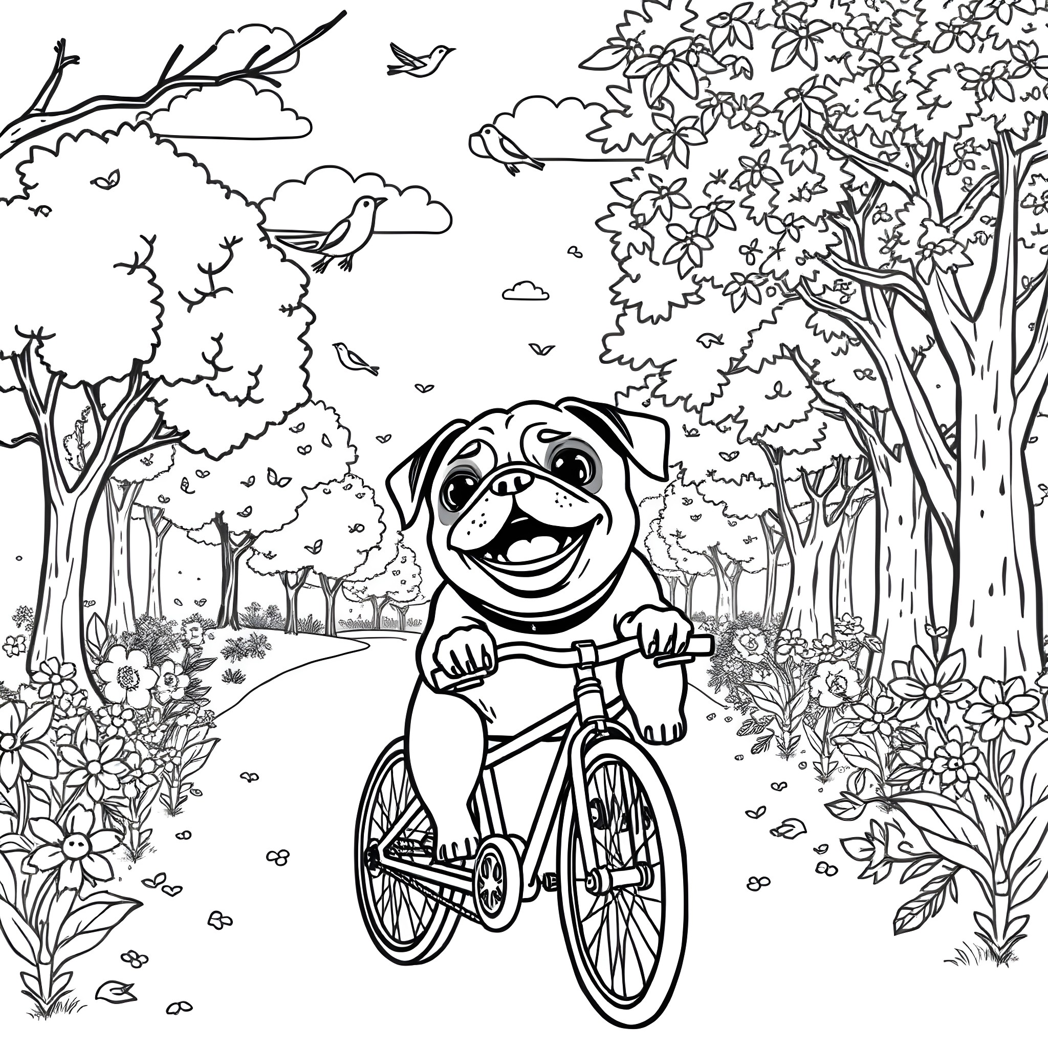 Pug riding bicycle in a scenic forest Coloring Page (free black-and-white line drawing printable PDF for all, from beginners to advanced learners, including children, teens, adults, and seniors)