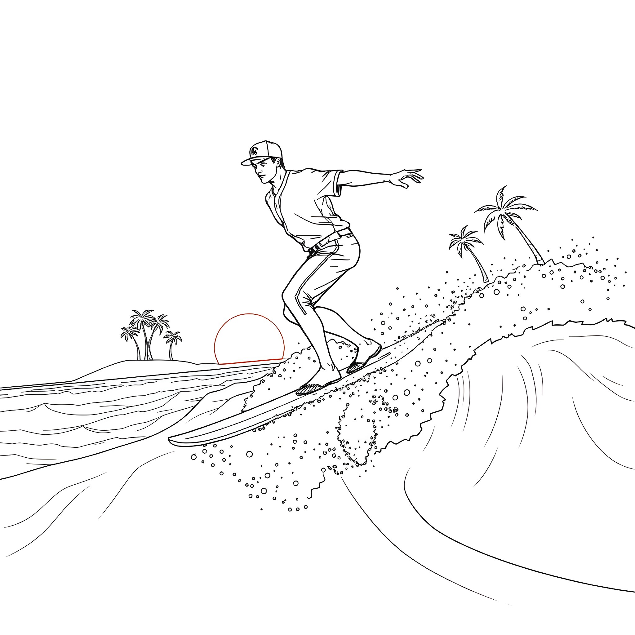 Baseball Player Surfing on Ocean Waves Coloring Page (free black-and-white line drawing printable PDF for all, from beginners to advanced learners, including children, teens, adults, and seniors)