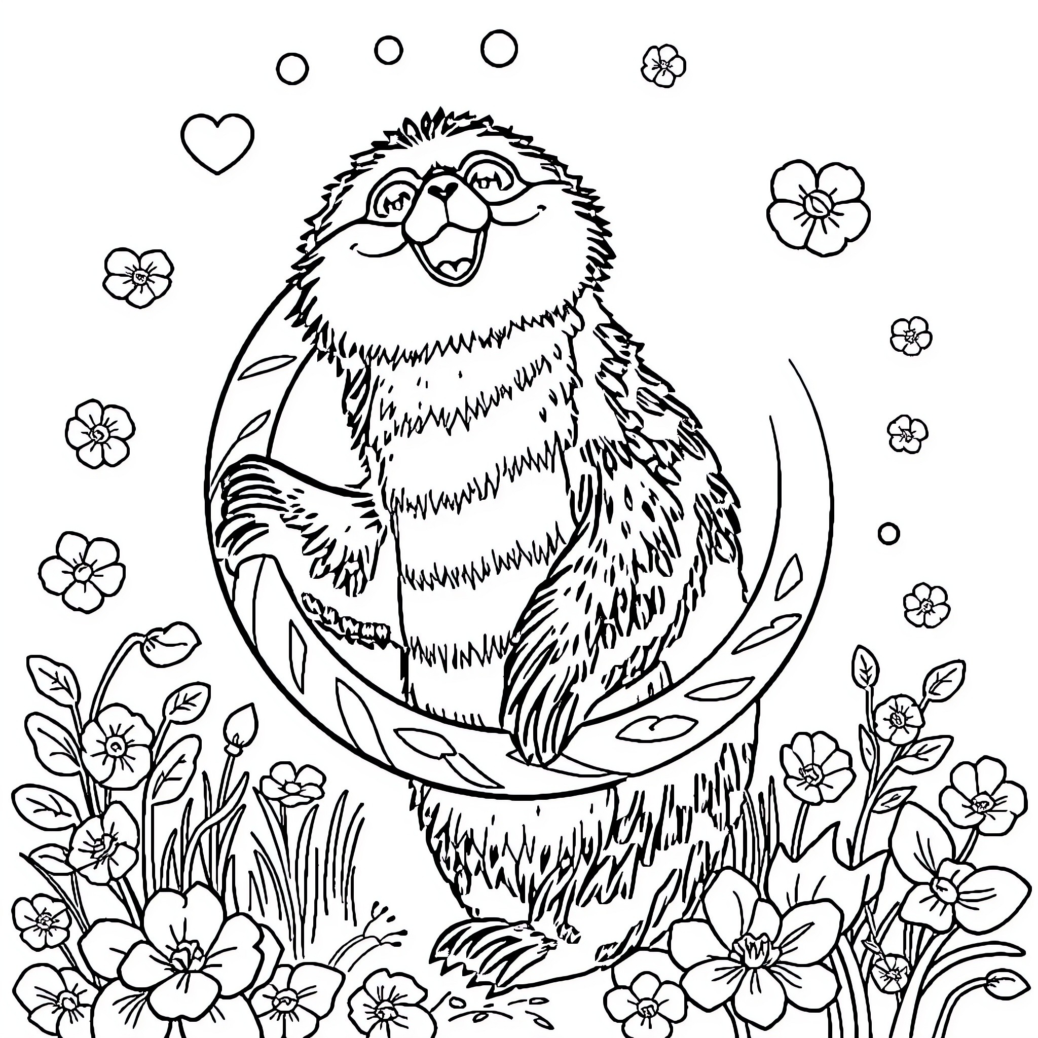 Loutre playing happily in a floral garden Coloring Page (free black-and-white line drawing printable PDF for all, from beginners to advanced learners, including children, teens, adults, and seniors)