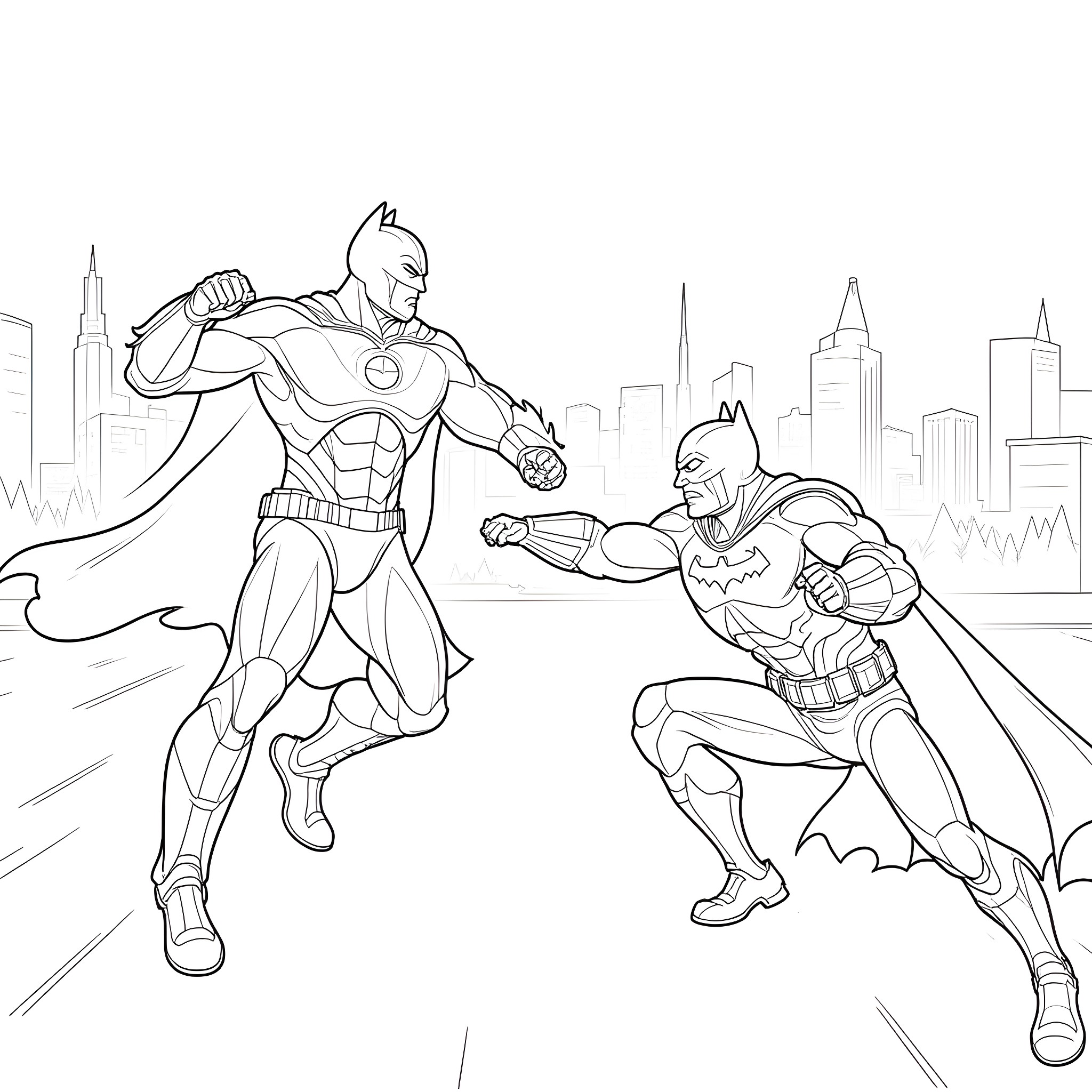 Batman and Superhero in Action City Showdown Coloring Page (free black-and-white line drawing printable PDF for all, from beginners to advanced learners, including children, teens, adults, and seniors)