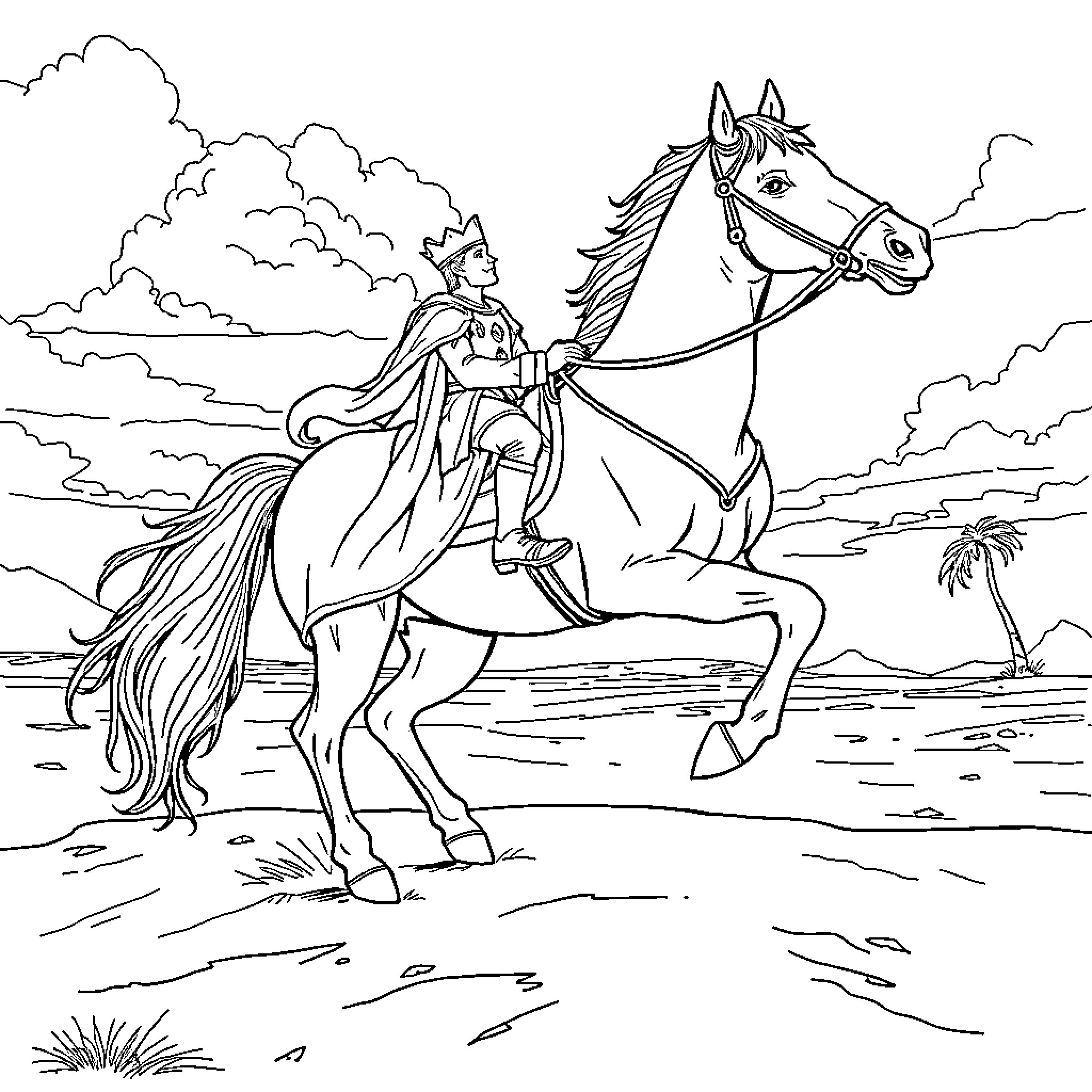 Horse rider on a journey through the countryside Coloring Page (free black-and-white line drawing printable PDF for all, from beginners to advanced learners, including children, teens, adults, and seniors)