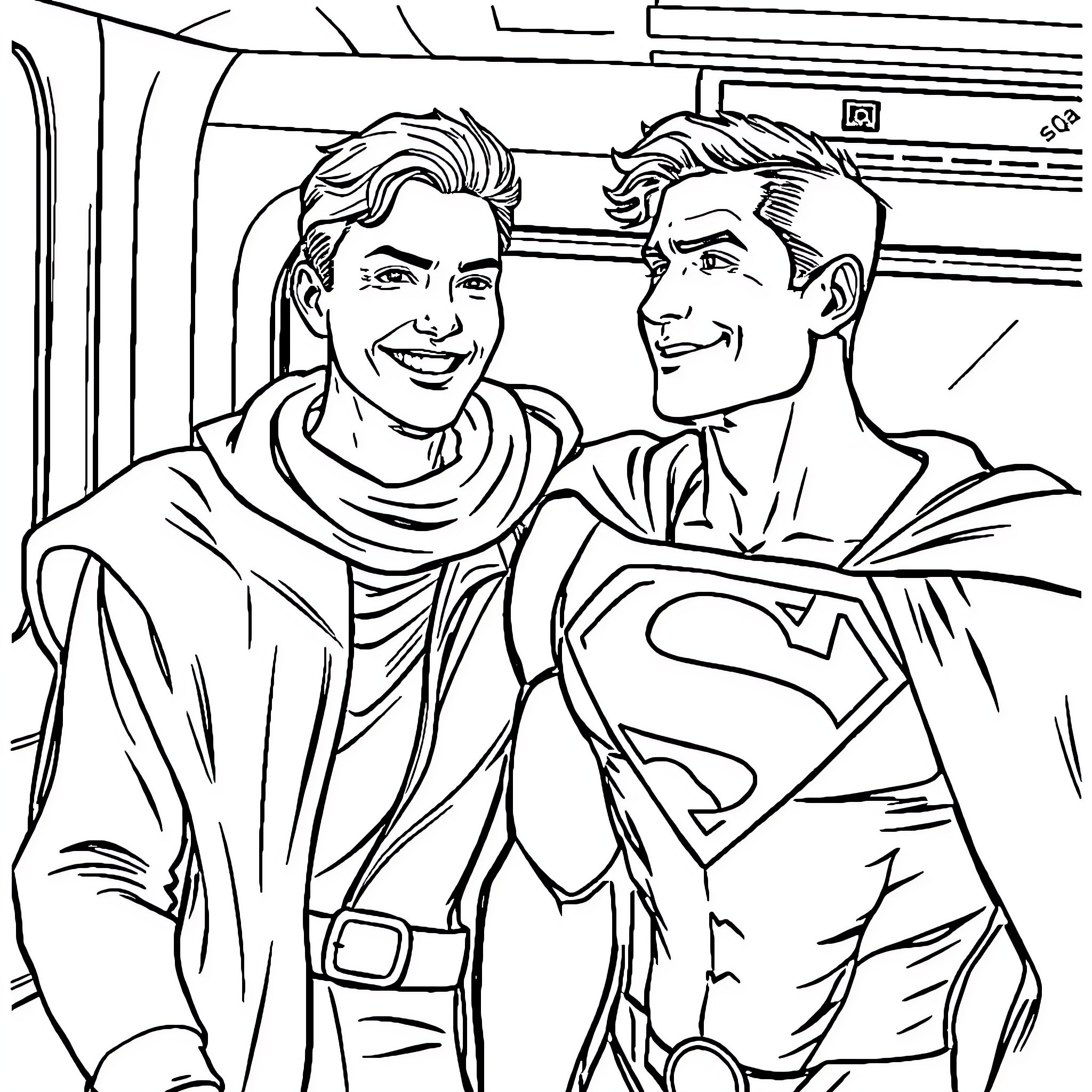 Superman and friend in heroic pose Coloring Page (free black-and-white line drawing printable PDF for all, from beginners to advanced learners, including children, teens, adults, and seniors)
