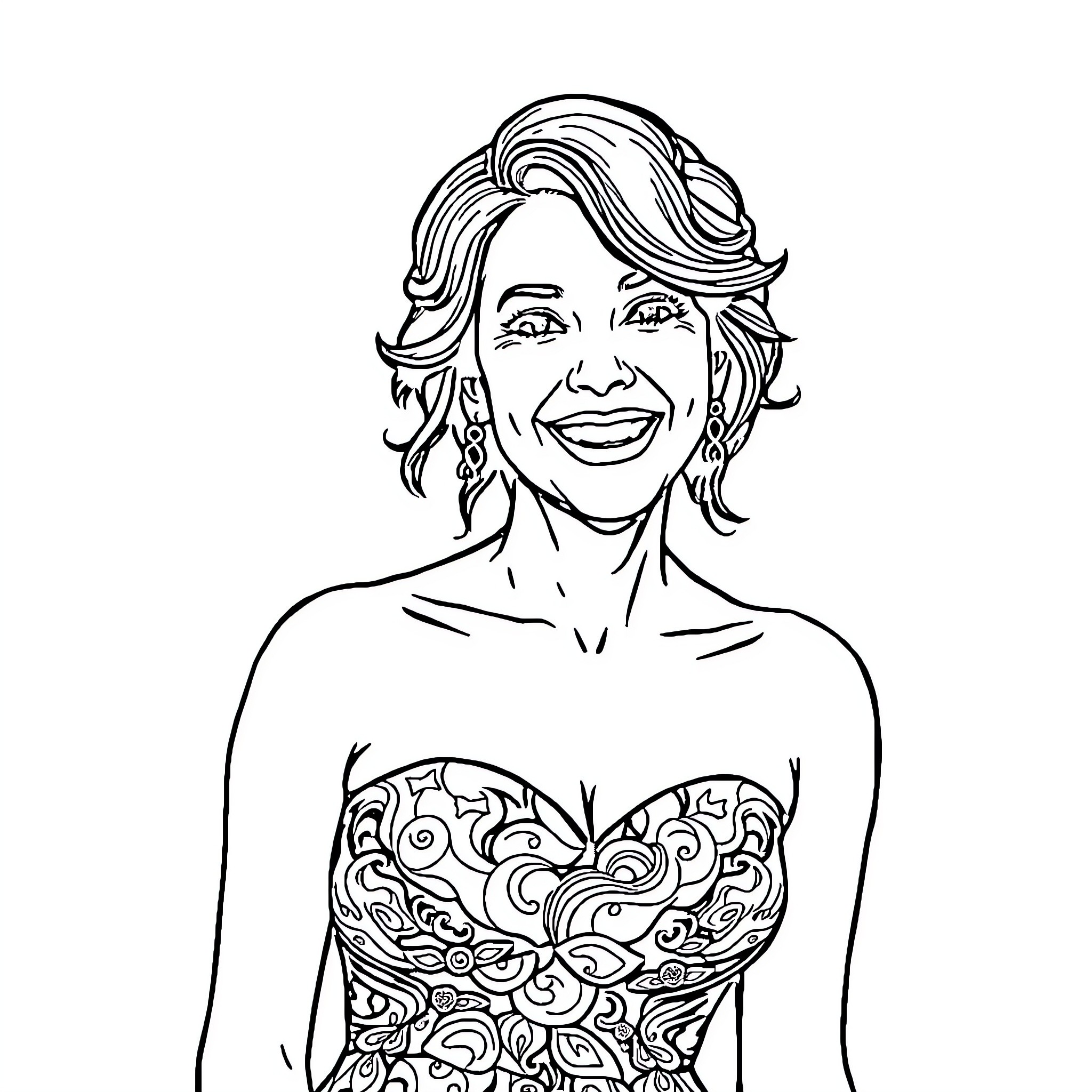 Tania Raymonde smiling portrait in patterned outfit Coloring Page (free black-and-white line drawing printable PDF for all, from beginners to advanced learners, including children, teens, adults, and seniors)