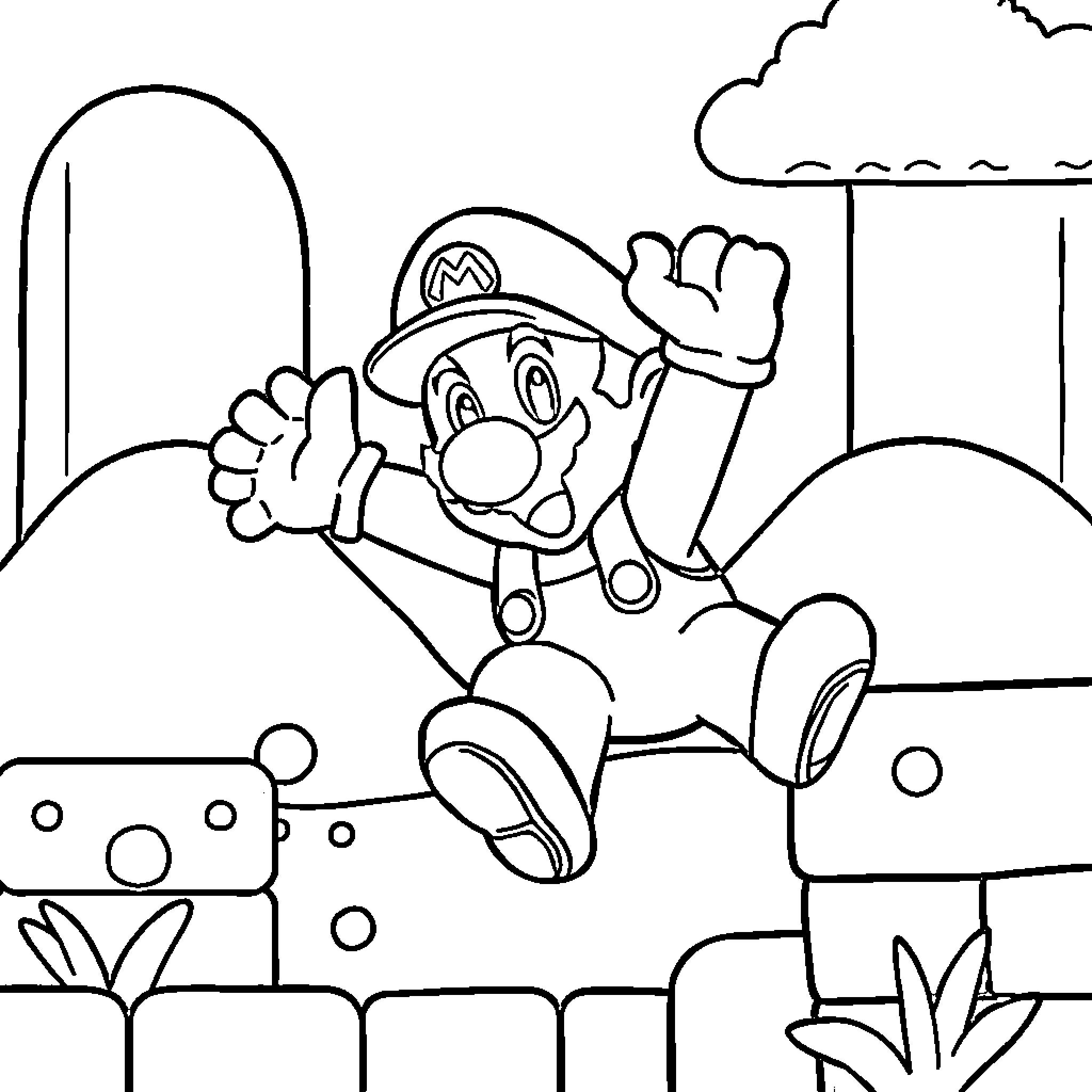 Mario jumping with excitement in the environment Coloring Page (free black-and-white line drawing printable PDF for all, from beginners to advanced learners, including children, teens, adults, and seniors)