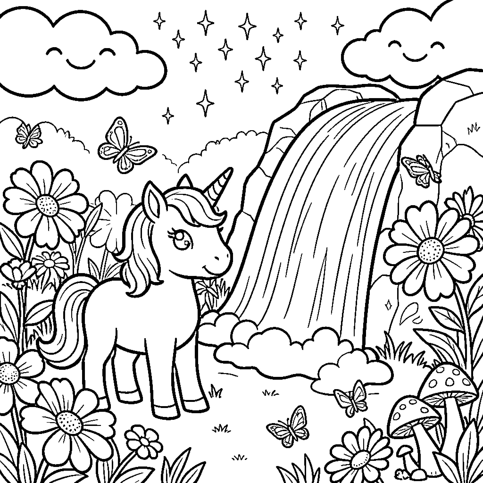 Unicorn standing peacefully near a waterfall and flowers Coloring Page (free black-and-white line drawing printable PDF for all, from beginners to advanced learners, including children, teens, adults, and seniors)
