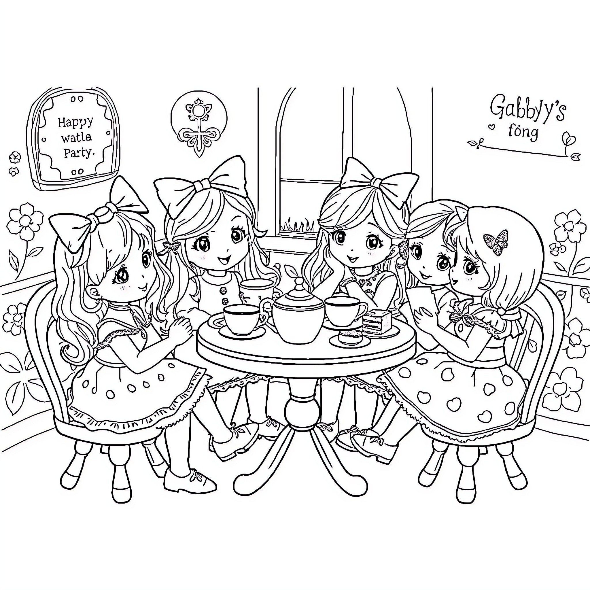 Gabby's Tea Party with Friends Coloring Page (free black-and-white line drawing printable PDF for all, from beginners to advanced learners, including children, teens, adults, and seniors)