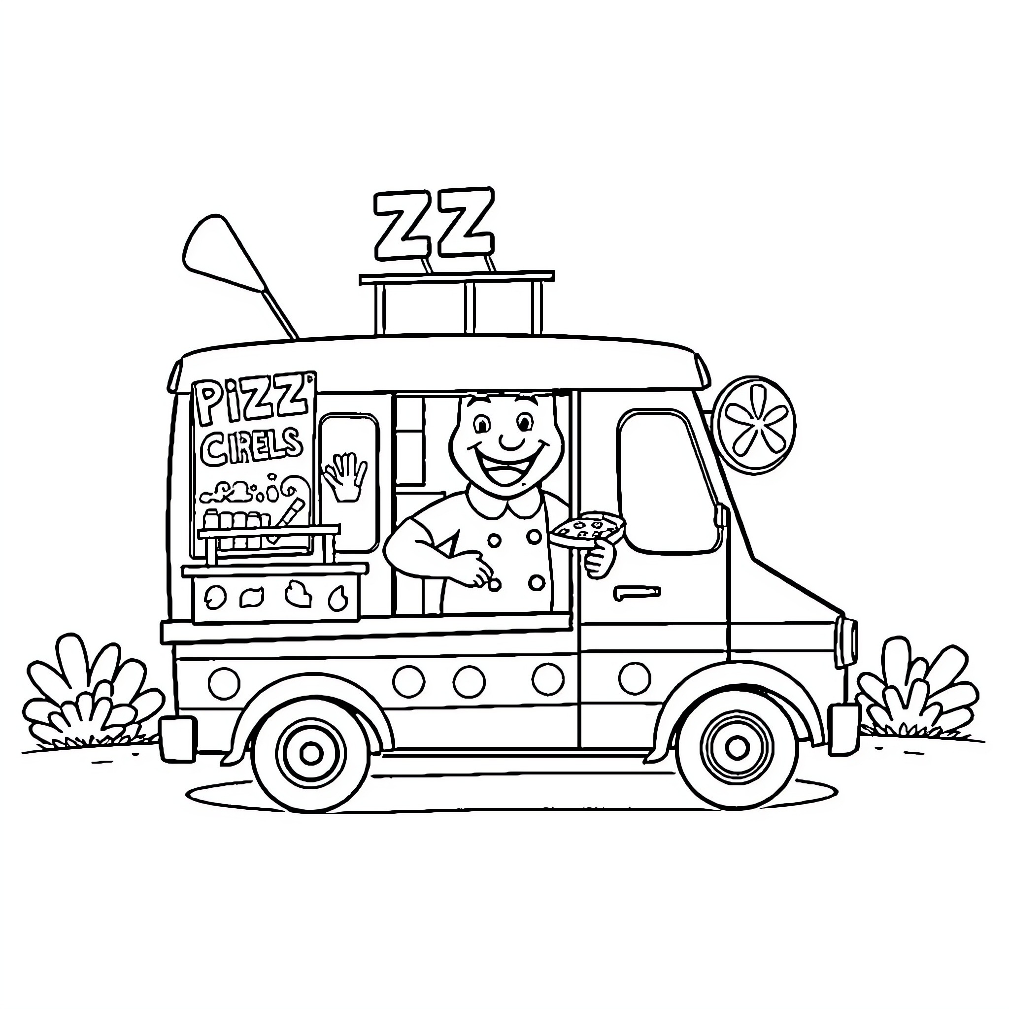 Truck selling pizza to hungry customers Coloring Page (free black-and-white line drawing printable PDF for all, from beginners to advanced learners, including children, teens, adults, and seniors)