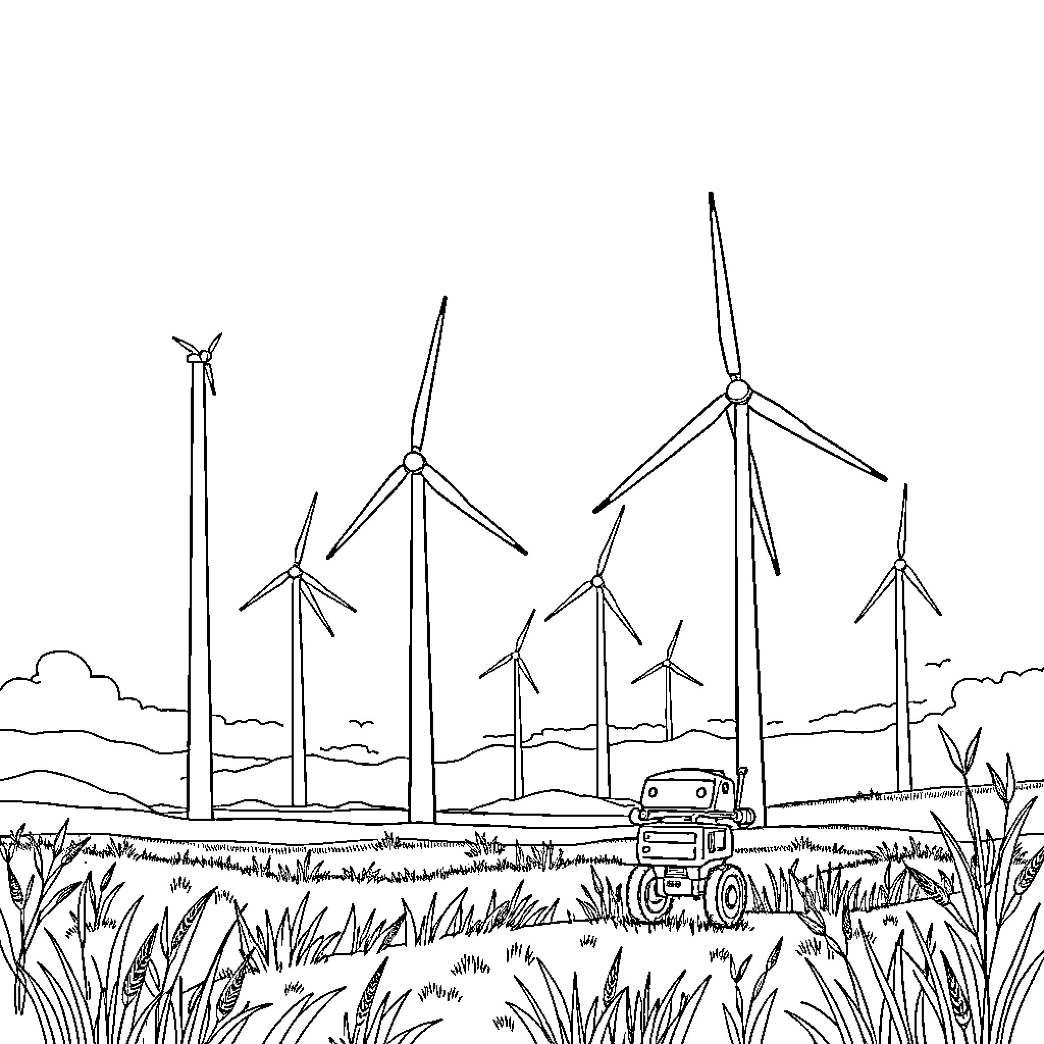 Windmill turbines generating renewable energy in the countryside Coloring Page (free black-and-white line drawing printable PDF for all, from beginners to advanced learners, including children, teens, adults, and seniors)
