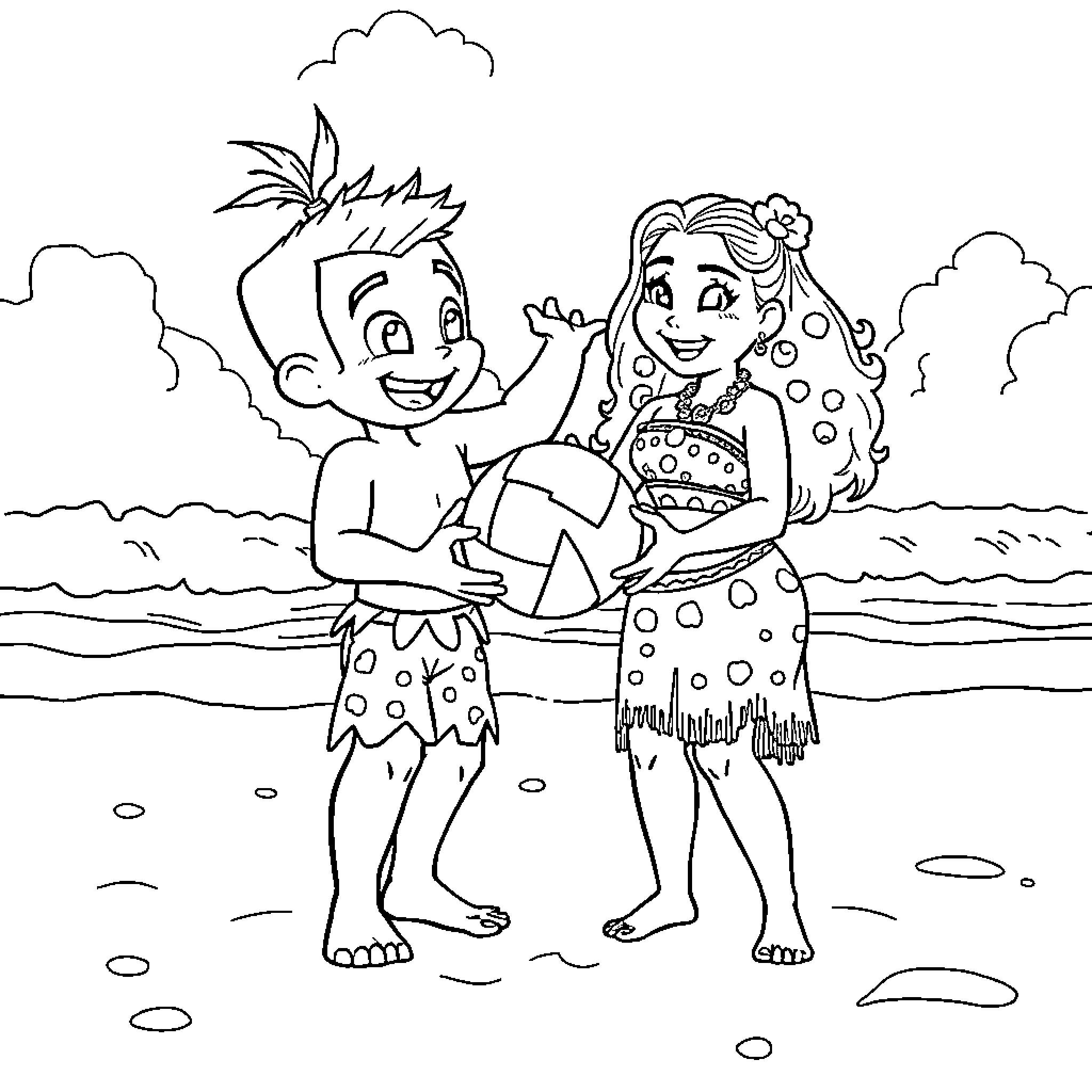 Spawn of primitive humans enjoying playful beach time Coloring Page (free black-and-white line drawing printable PDF for all, from beginners to advanced learners, including children, teens, adults, and seniors)