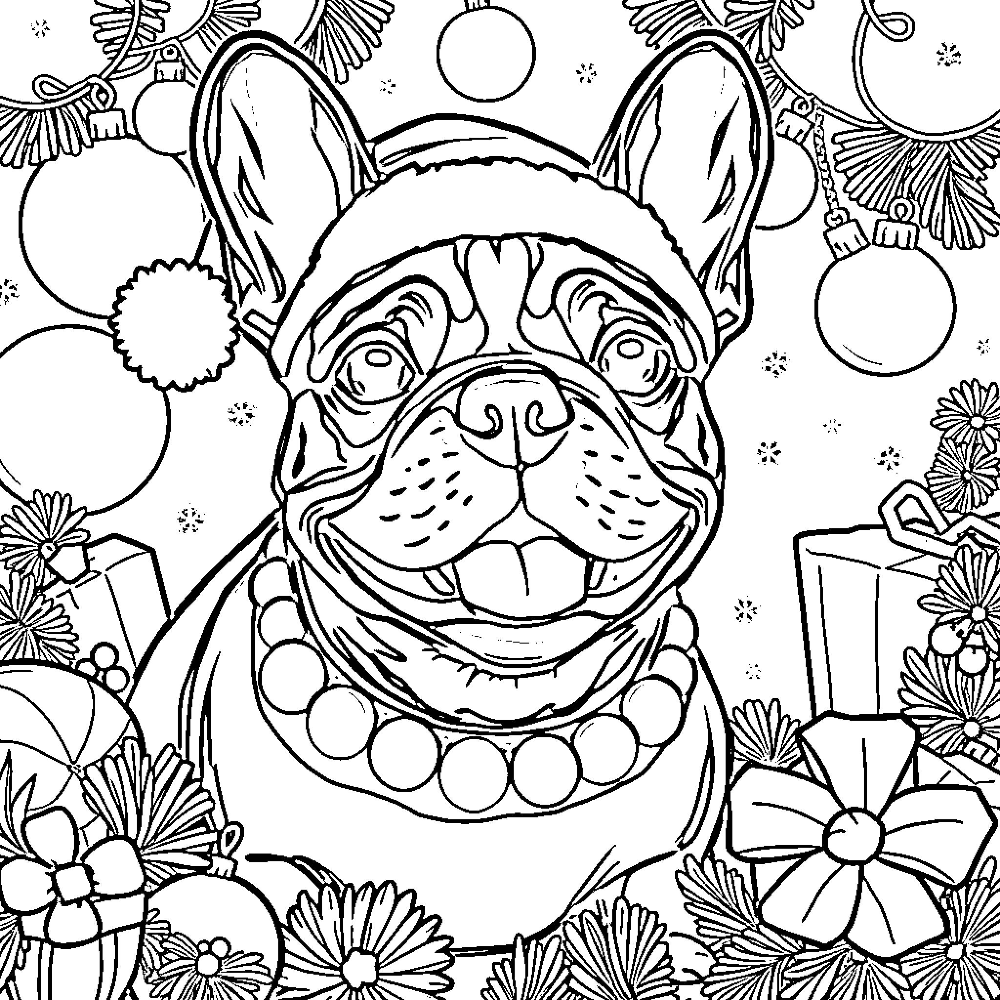 French Bulldog wearing holiday decorations surrounded by flowers Coloring Page (free black-and-white line drawing printable PDF for all, from beginners to advanced learners, including children, teens, adults, and seniors)