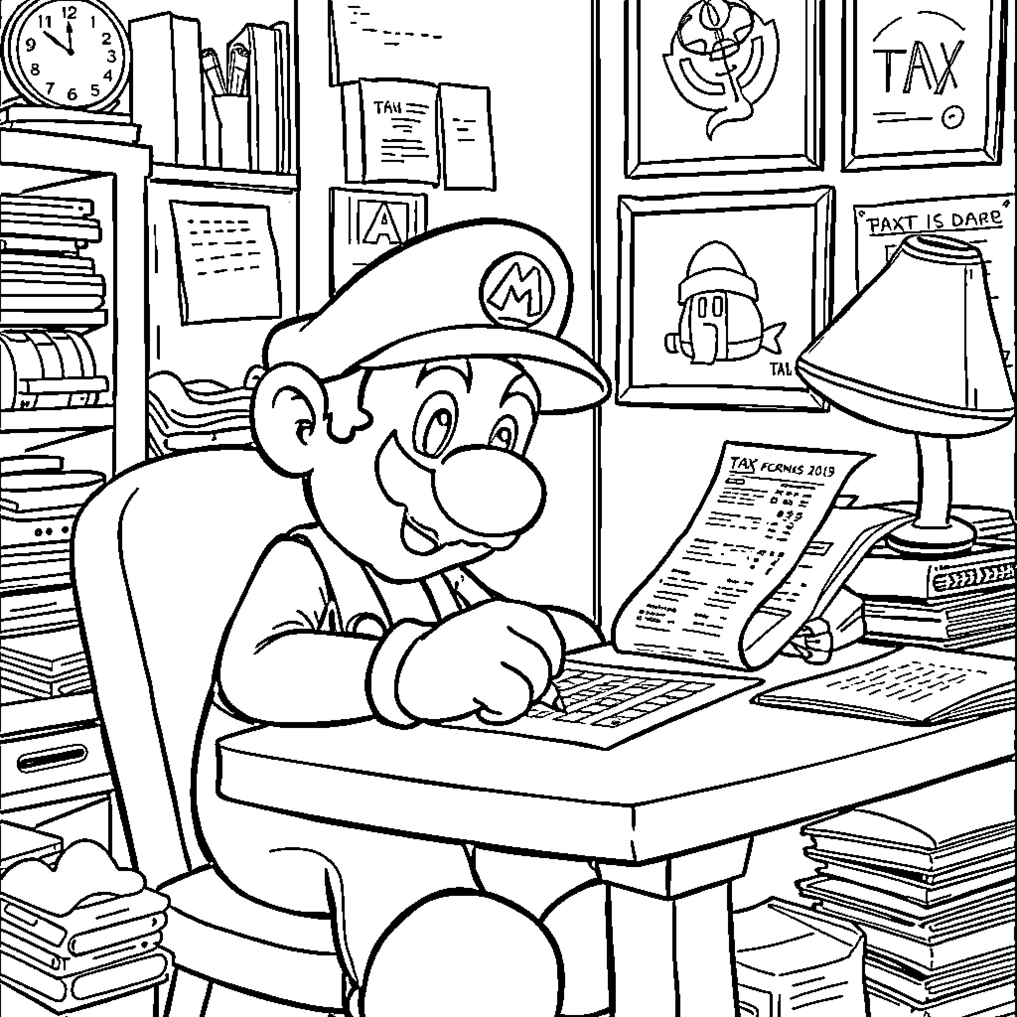 Mario Doing Taxes in Messy Home Office Coloring Page (free black-and-white line drawing printable PDF for all, from beginners to advanced learners, including children, teens, adults, and seniors)
