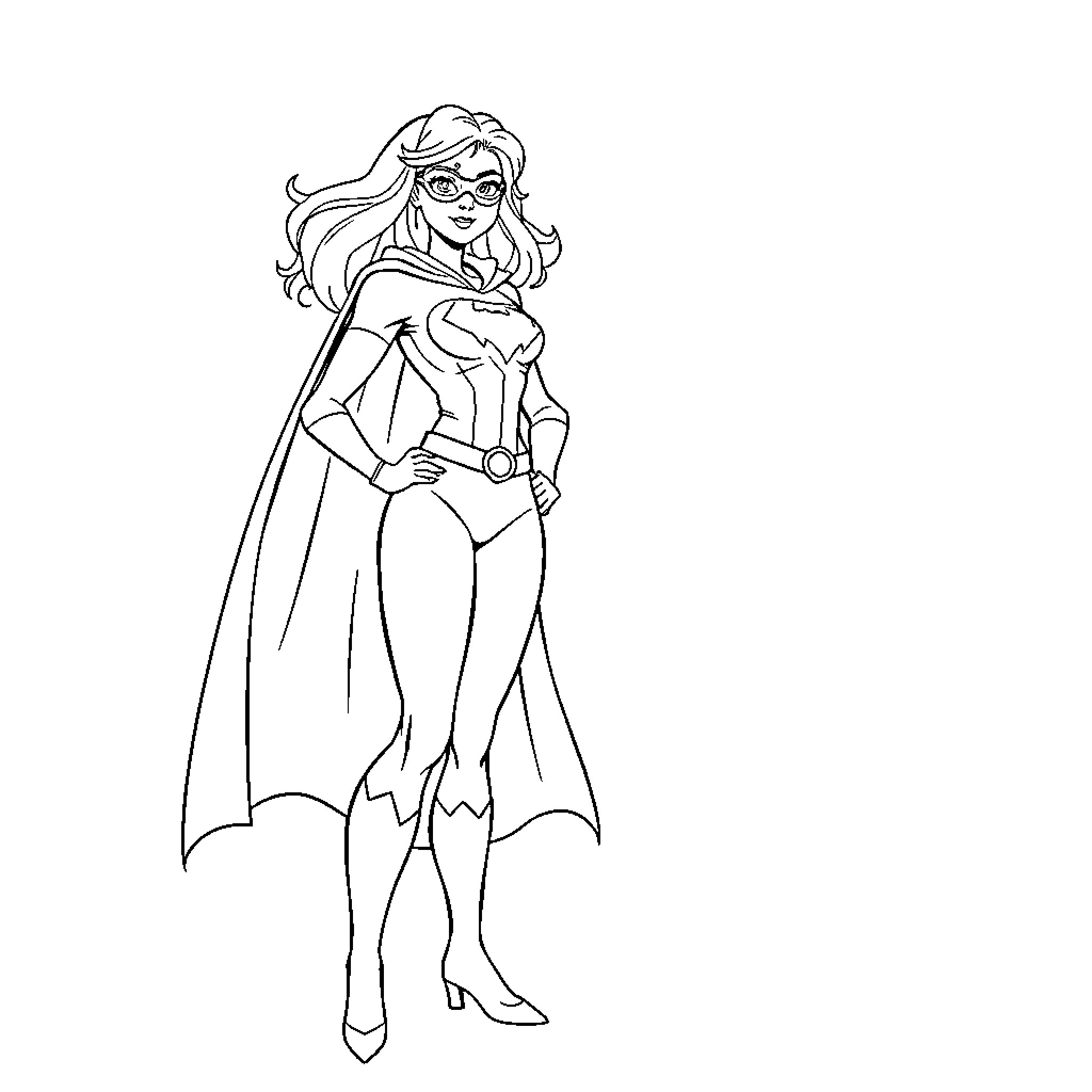 Superhero Woman in Confident Stance Coloring Page (free black-and-white line drawing printable PDF for all, from beginners to advanced learners, including children, teens, adults, and seniors)