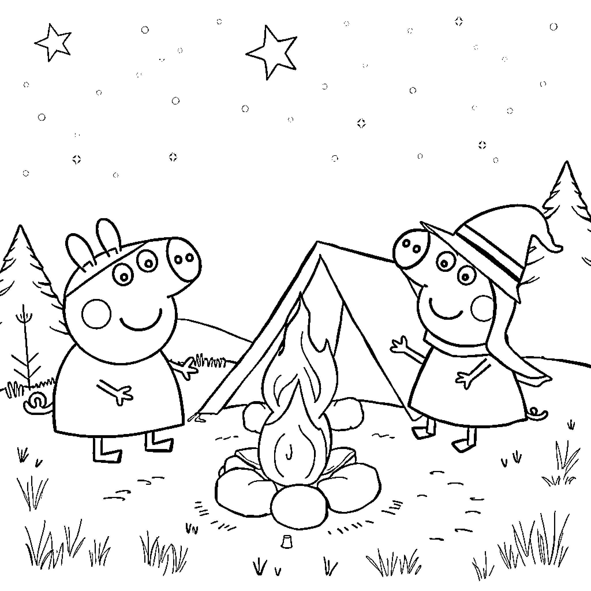 Peppa Pig and friends camping in the wilderness Coloring Page (free black-and-white line drawing printable PDF for all, from beginners to advanced learners, including children, teens, adults, and seniors)
