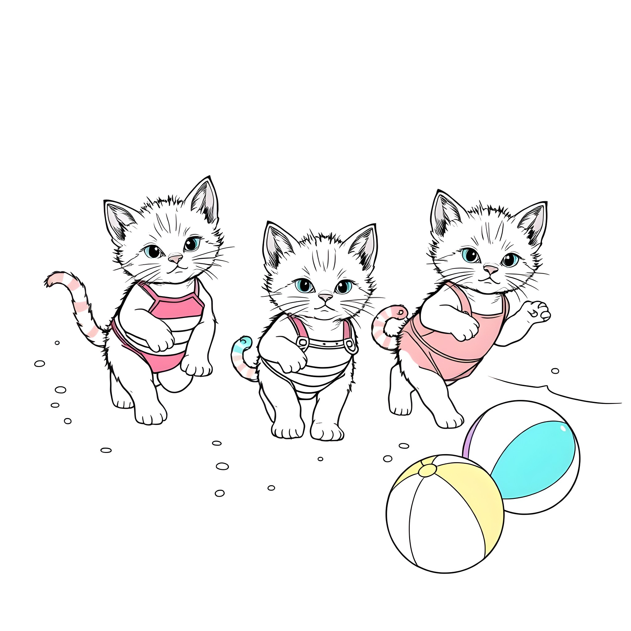 Kitty kittens playing happily with beach ball Coloring Page (free black-and-white line drawing printable PDF for all, from beginners to advanced learners, including children, teens, adults, and seniors)