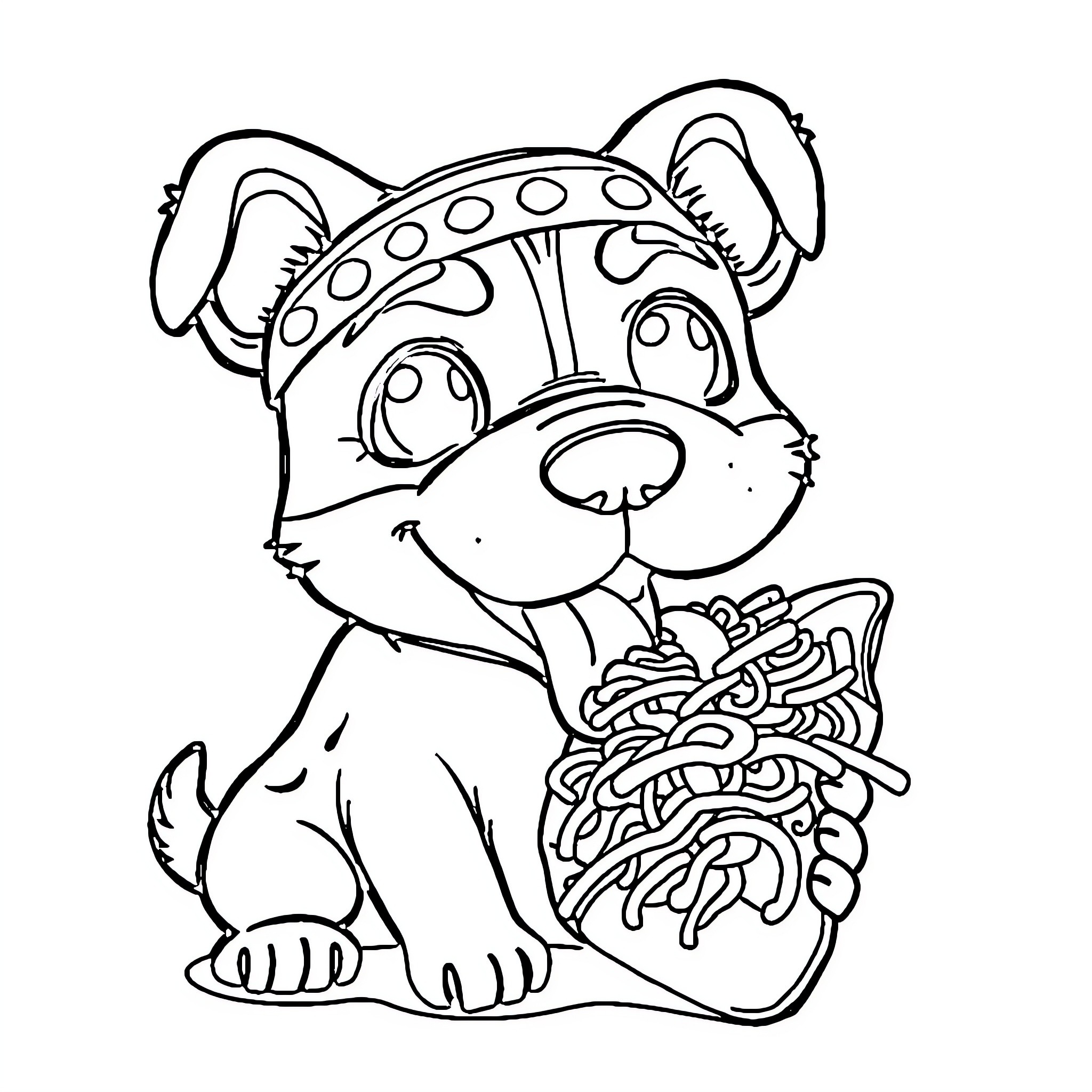 Dog playing with colorful toys Coloring Page (free black-and-white line drawing printable PDF for all, from beginners to advanced learners, including children, teens, adults, and seniors)