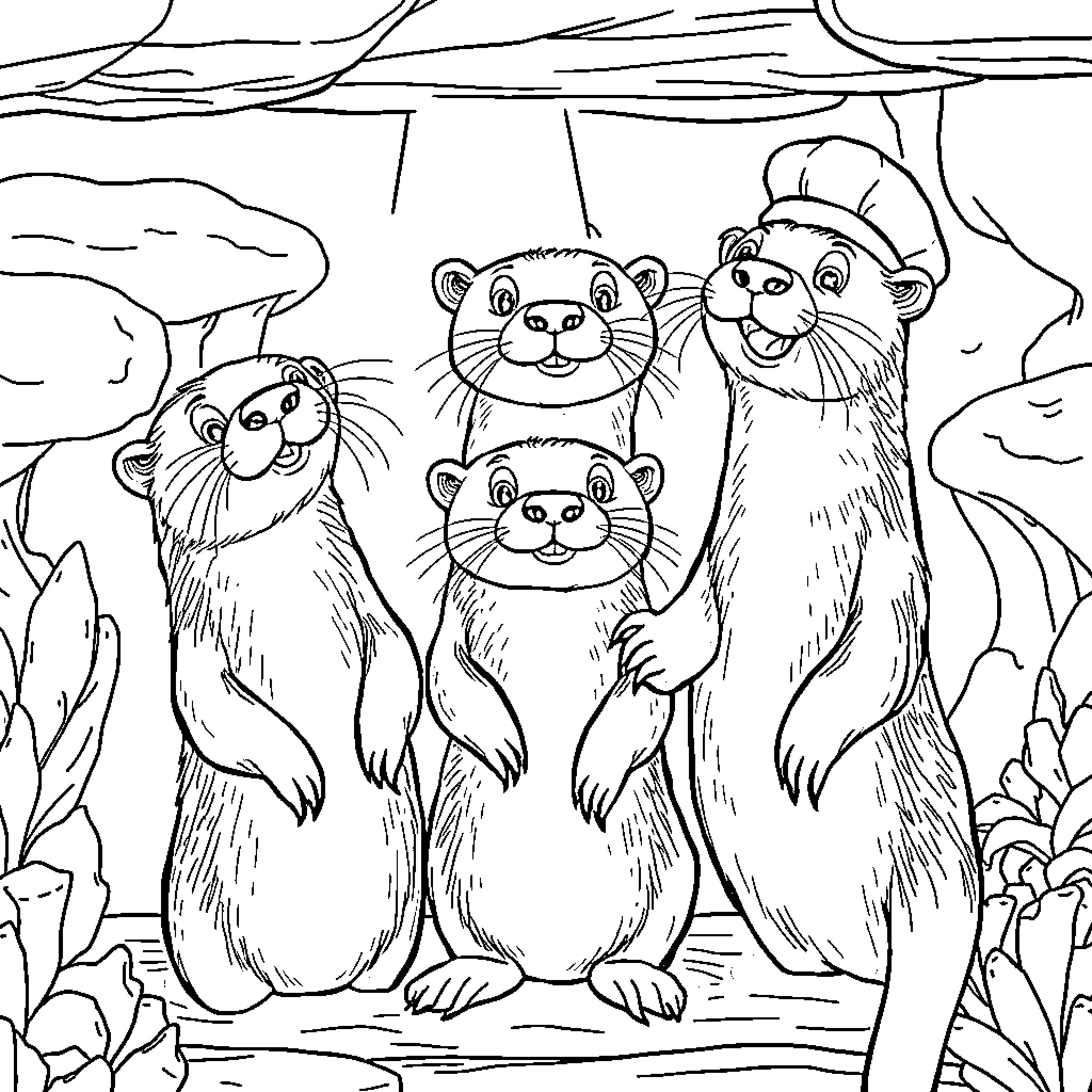 Otter family exploring their natural habitat Coloring Page (free black-and-white line drawing printable PDF for all, from beginners to advanced learners, including children, teens, adults, and seniors)