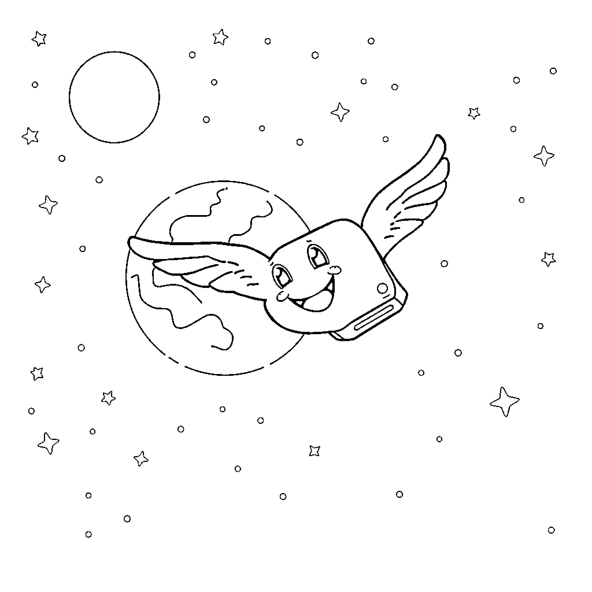 PS5 Cosmic Fish Exploring Space with Stars Coloring Page (free black-and-white line drawing printable PDF for all, from beginners to advanced learners, including children, teens, adults, and seniors)