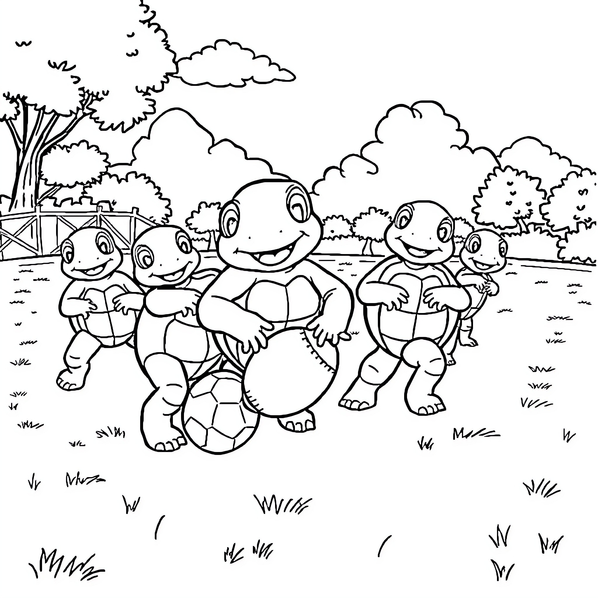 Turtle friends playing together in nature Coloring Page (free black-and-white line drawing printable PDF for all, from beginners to advanced learners, including children, teens, adults, and seniors)