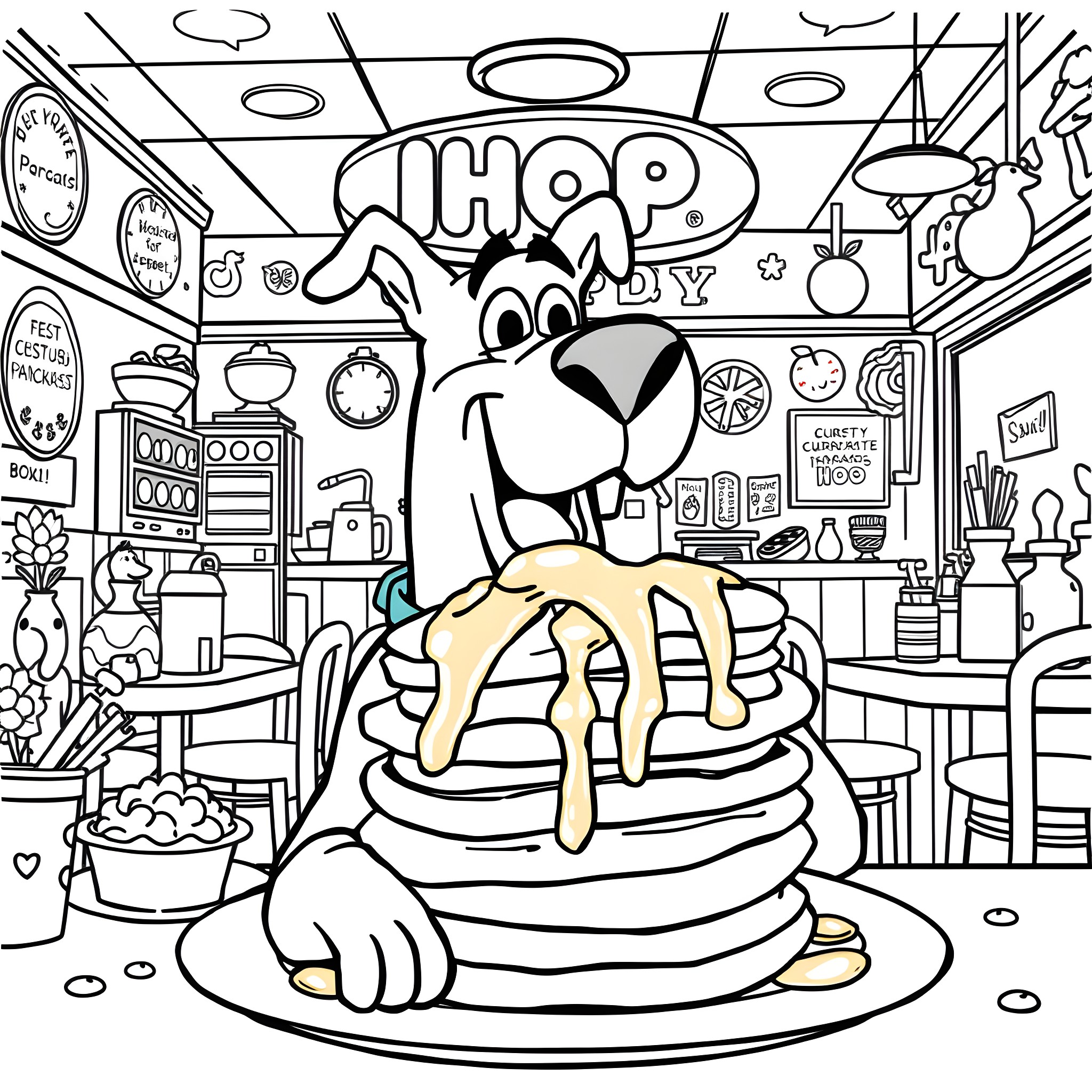 Scooby Doo enjoying a stack of pancakes in a cozy diner Coloring Page (free black-and-white line drawing printable PDF for all, from beginners to advanced learners, including children, teens, adults, and seniors)