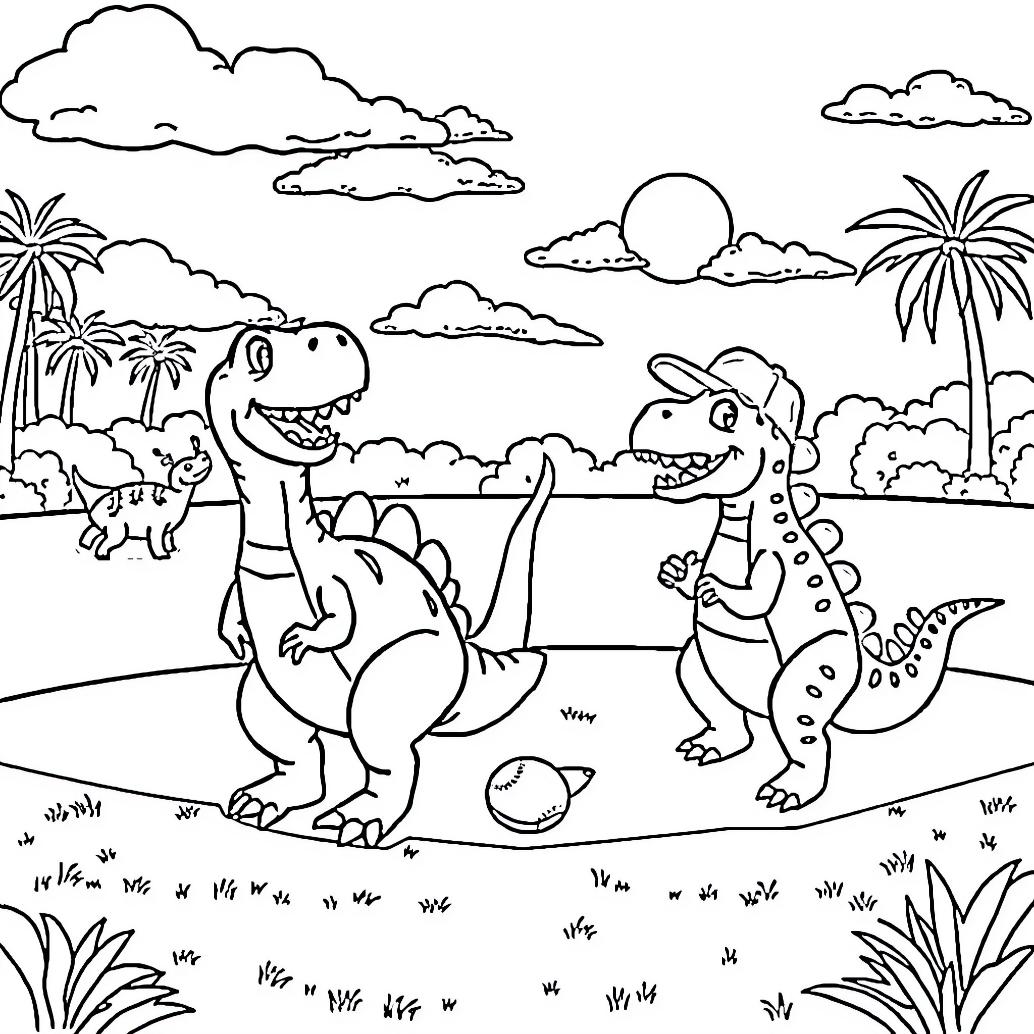 Dinosaurs playing together in a tropical landscape Coloring Page (free black-and-white line drawing printable PDF for all, from beginners to advanced learners, including children, teens, adults, and seniors)