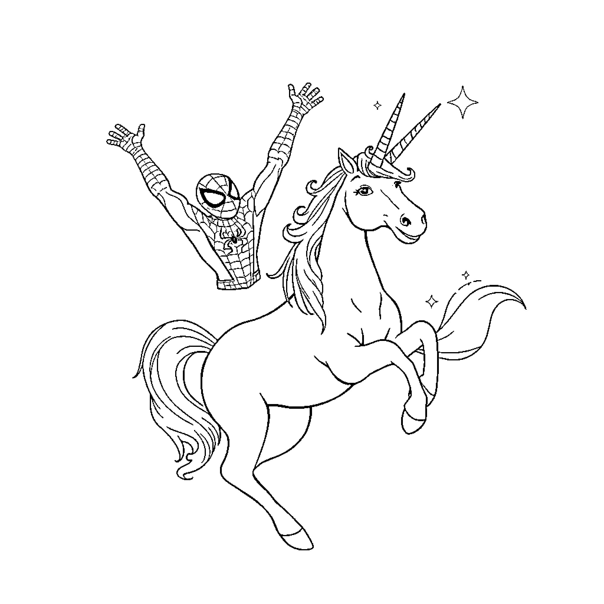 Spiderman riding a unicorn in a whimsical scene Coloring Page (free black-and-white line drawing printable PDF for all, from beginners to advanced learners, including children, teens, adults, and seniors)