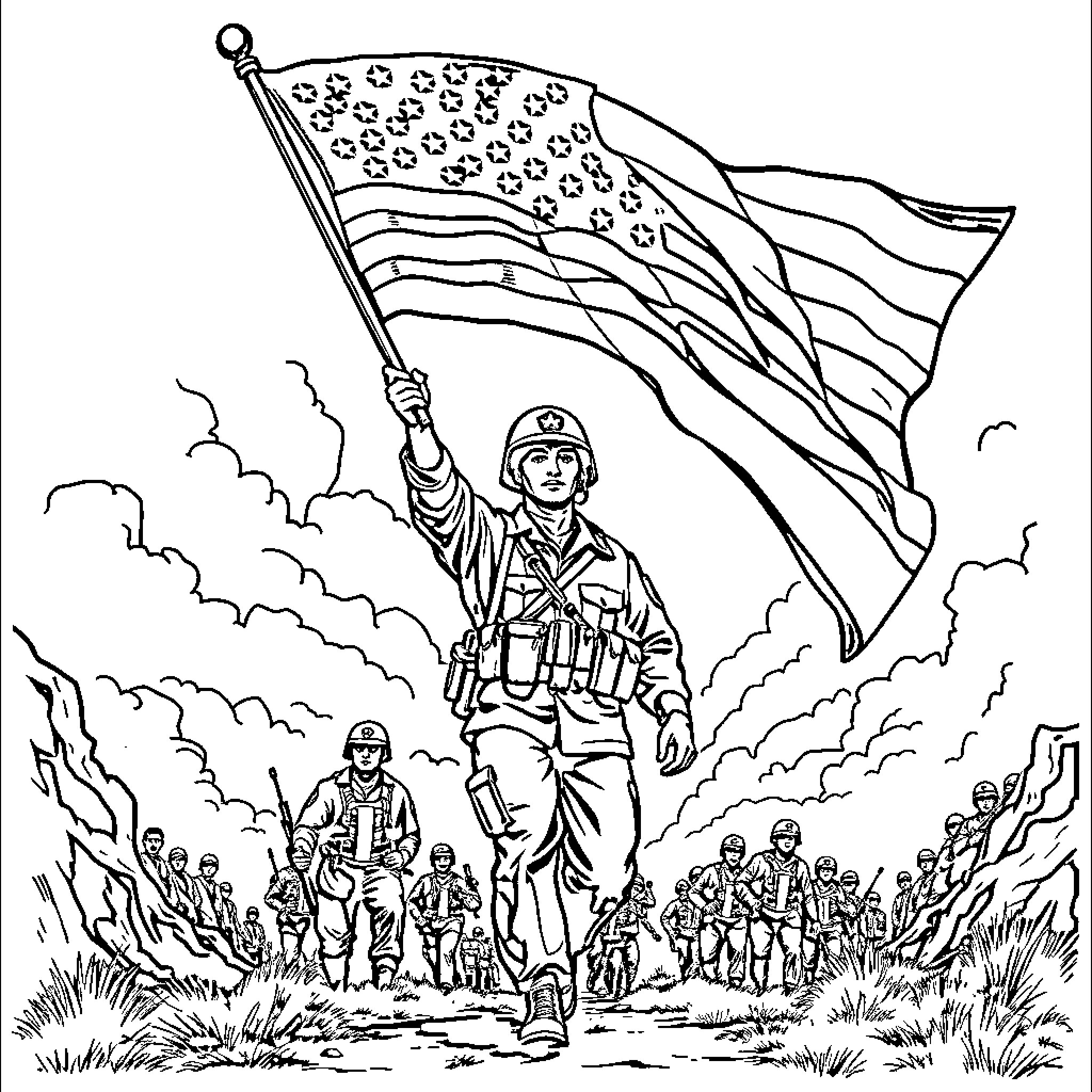 Soldier leading patriotic troops with American flag Coloring Page (free black-and-white line drawing printable PDF for all, from beginners to advanced learners, including children, teens, adults, and seniors)