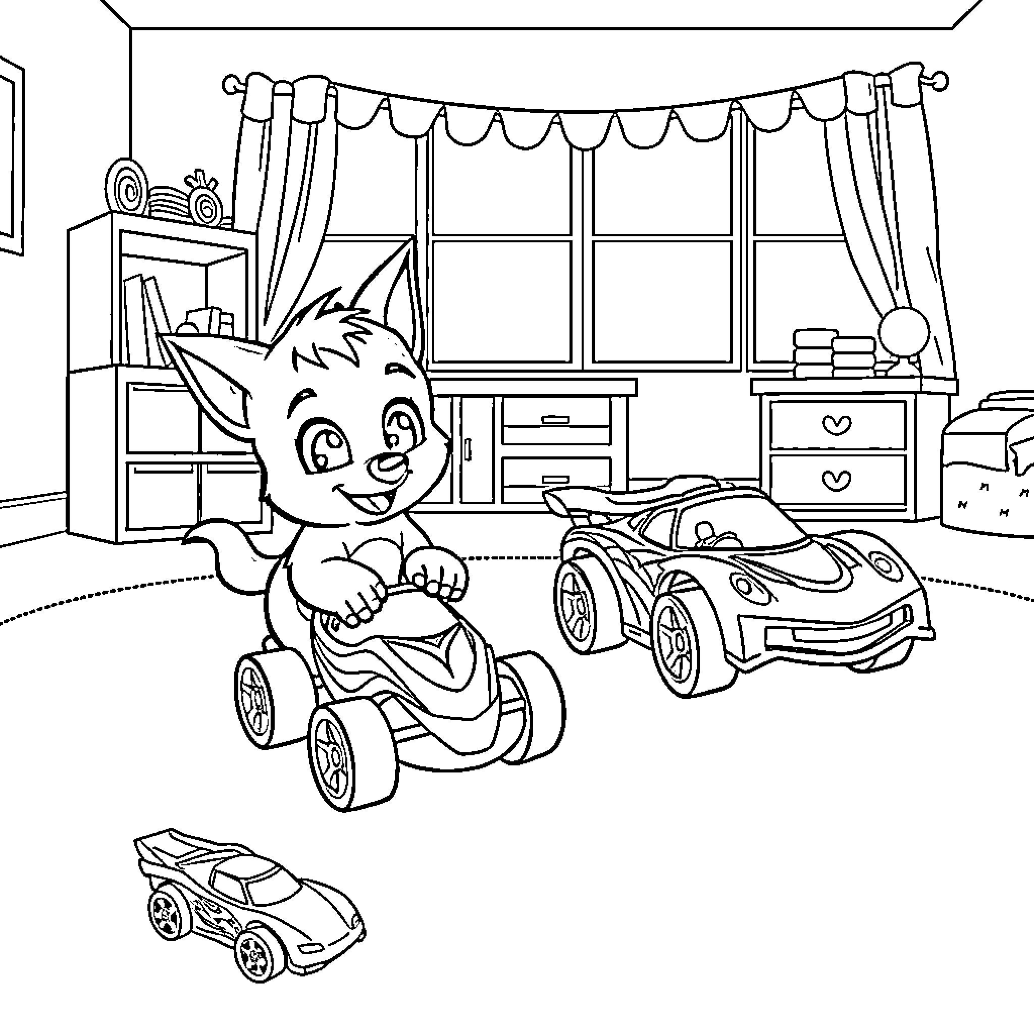 Bluey playing with toy cars in the room Coloring Page (free black-and-white line drawing printable PDF for all, from beginners to advanced learners, including children, teens, adults, and seniors)