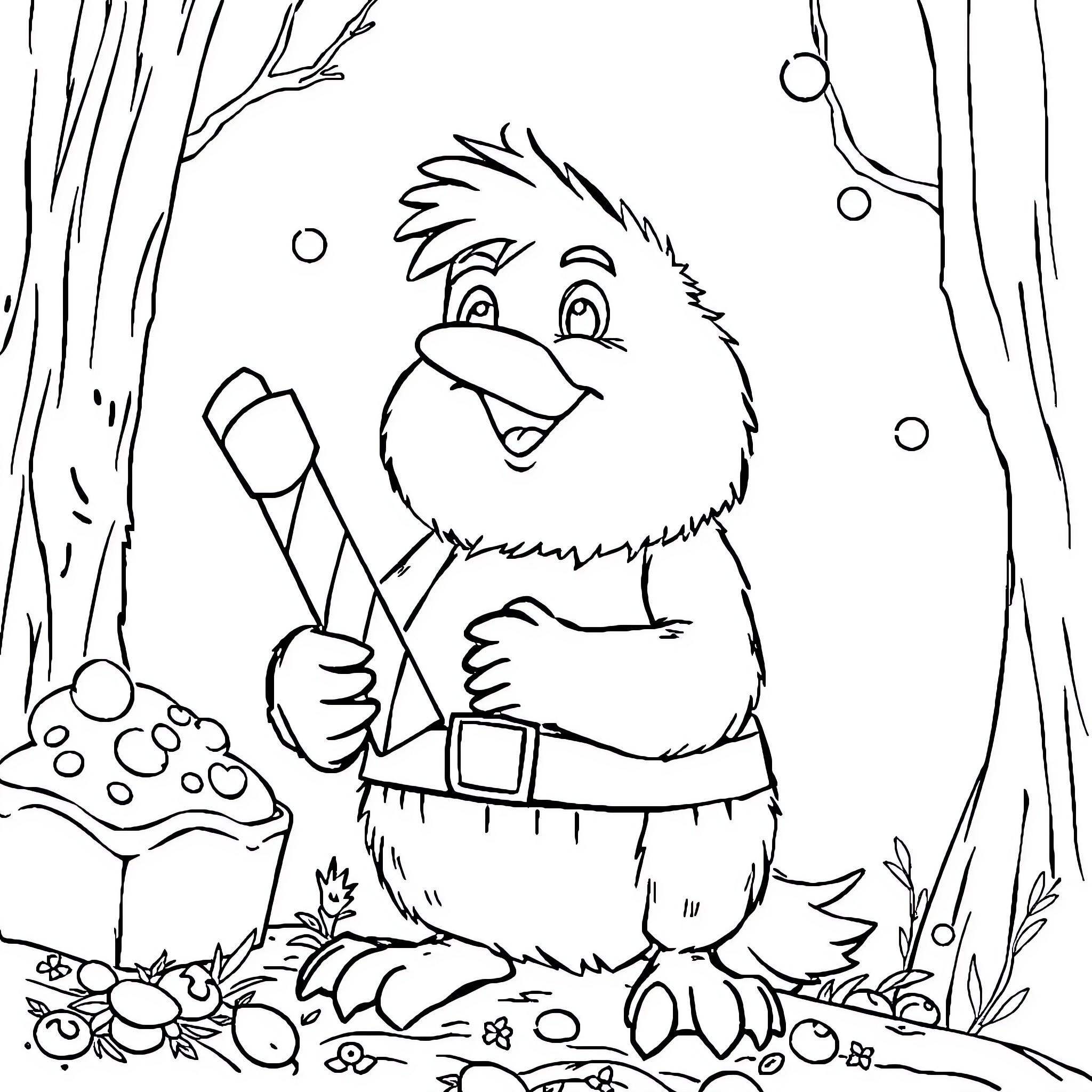 Erdmännchen exploring the forest with mushrooms Coloring Page (free black-and-white line drawing printable PDF for all, from beginners to advanced learners, including children, teens, adults, and seniors)