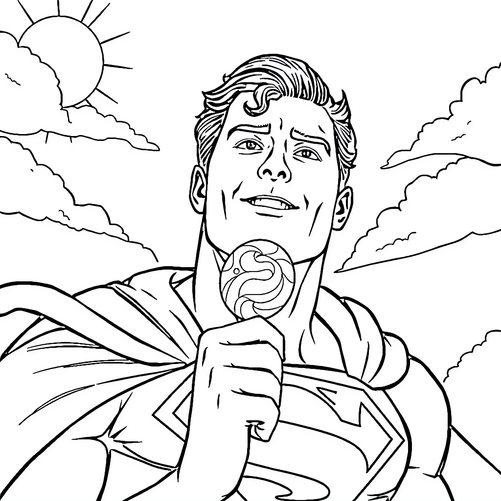 Superman confident stance in heroic pose Coloring Page (free black-and-white line drawing printable PDF for all, from beginners to advanced learners, including children, teens, adults, and seniors)