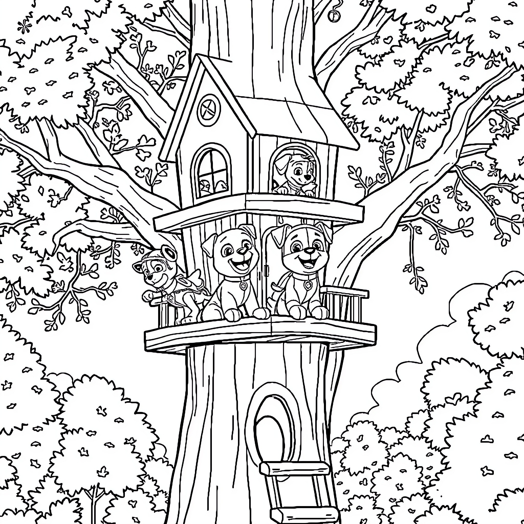 Paw Patrol Pups Playing in Treehouse Adventure Coloring Page (free black-and-white line drawing printable PDF for all, from beginners to advanced learners, including children, teens, adults, and seniors)