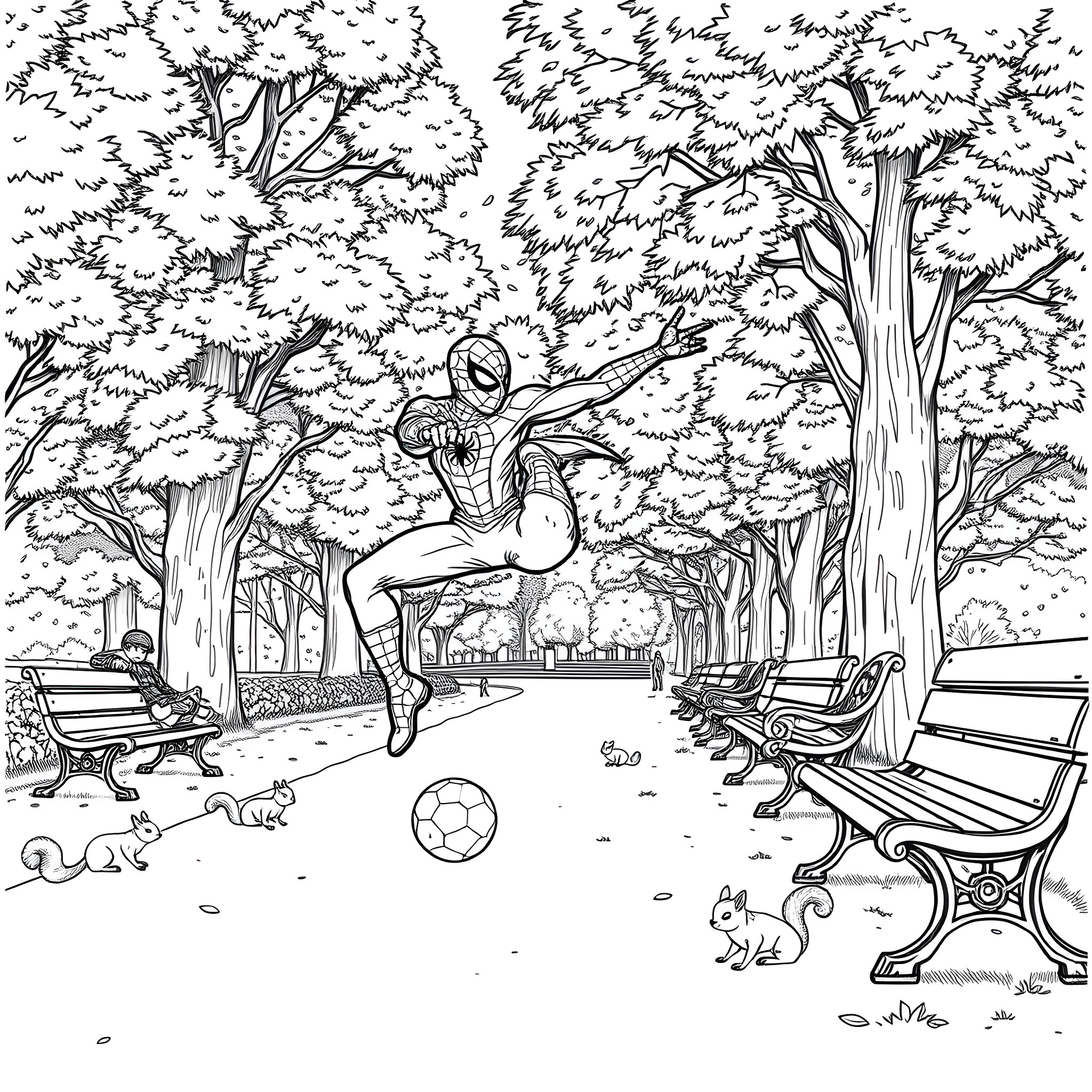 Spiderman swinging through the lush park Coloring Page (free black-and-white line drawing printable PDF for all, from beginners to advanced learners, including children, teens, adults, and seniors)